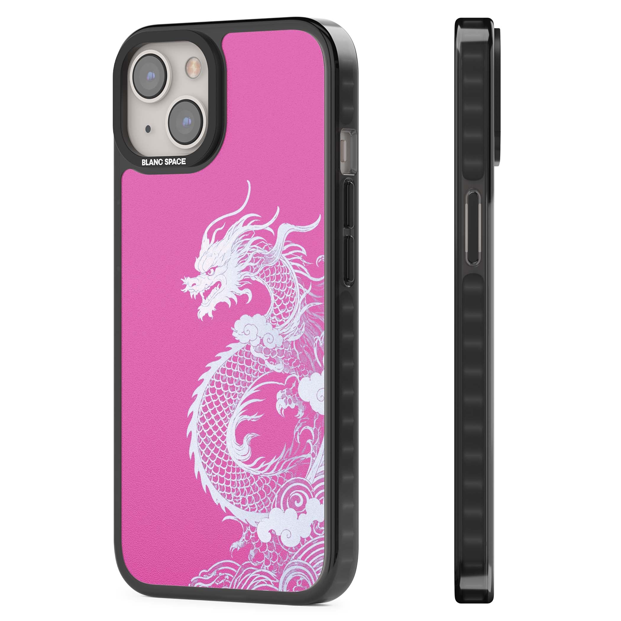 Pink Empress chinese dragon iPhone case featuring a white dragon, swirling clouds and pink dragon wallpaper backdrop | Black Impact case for iPhone 13, iPhone 14, iPhone 15