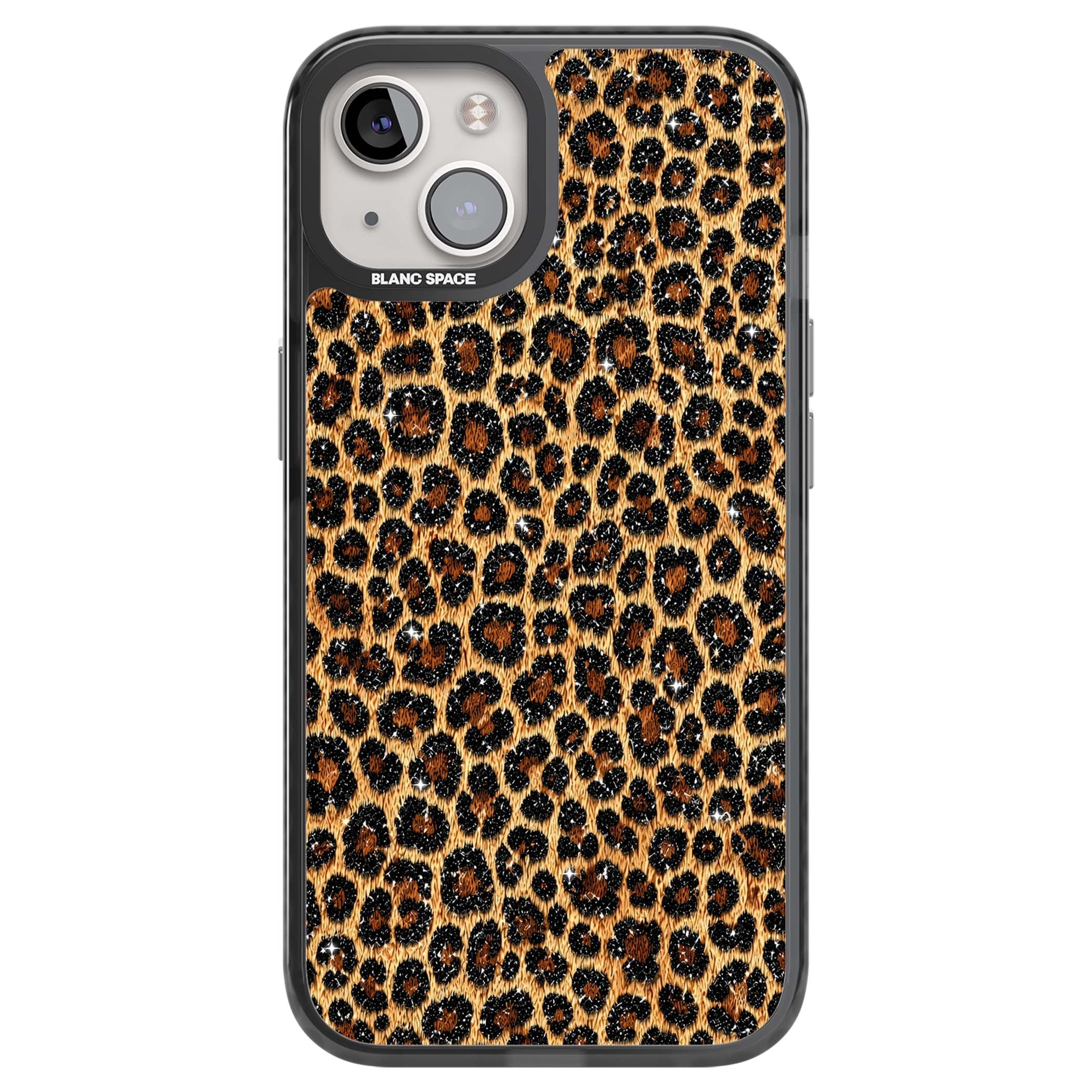Diamond Leopard leopard print iPhone case featuring golden tan fur, black rosette spots and subtle glitter sparkle | Black Impact case for iPhone 13, iPhone 14, iPhone 15