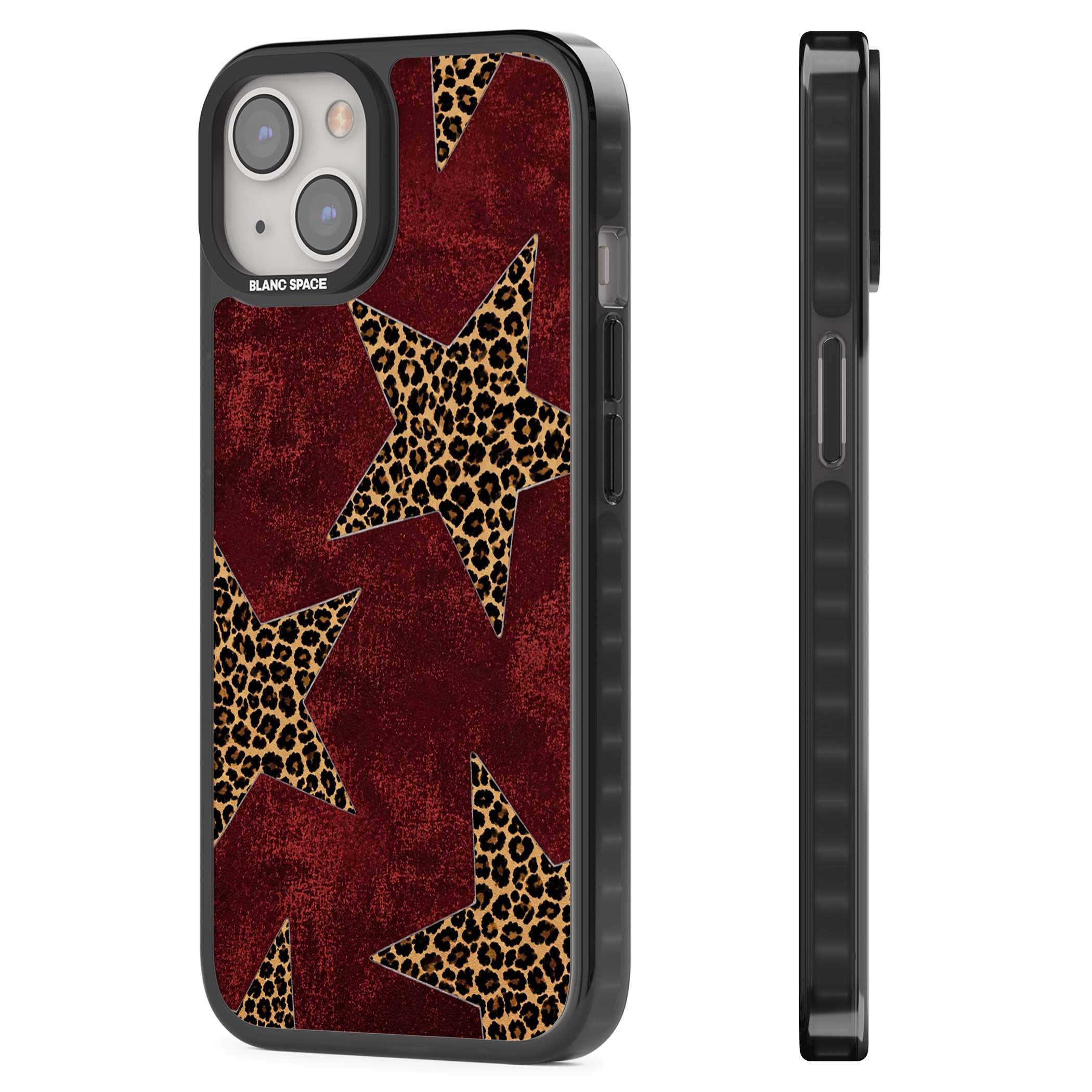Showgirl leopard print iPhone case featuring cheetah print stars on distressed red grunge background | Black Impact case for iPhone 13, iPhone 14, iPhone 15
