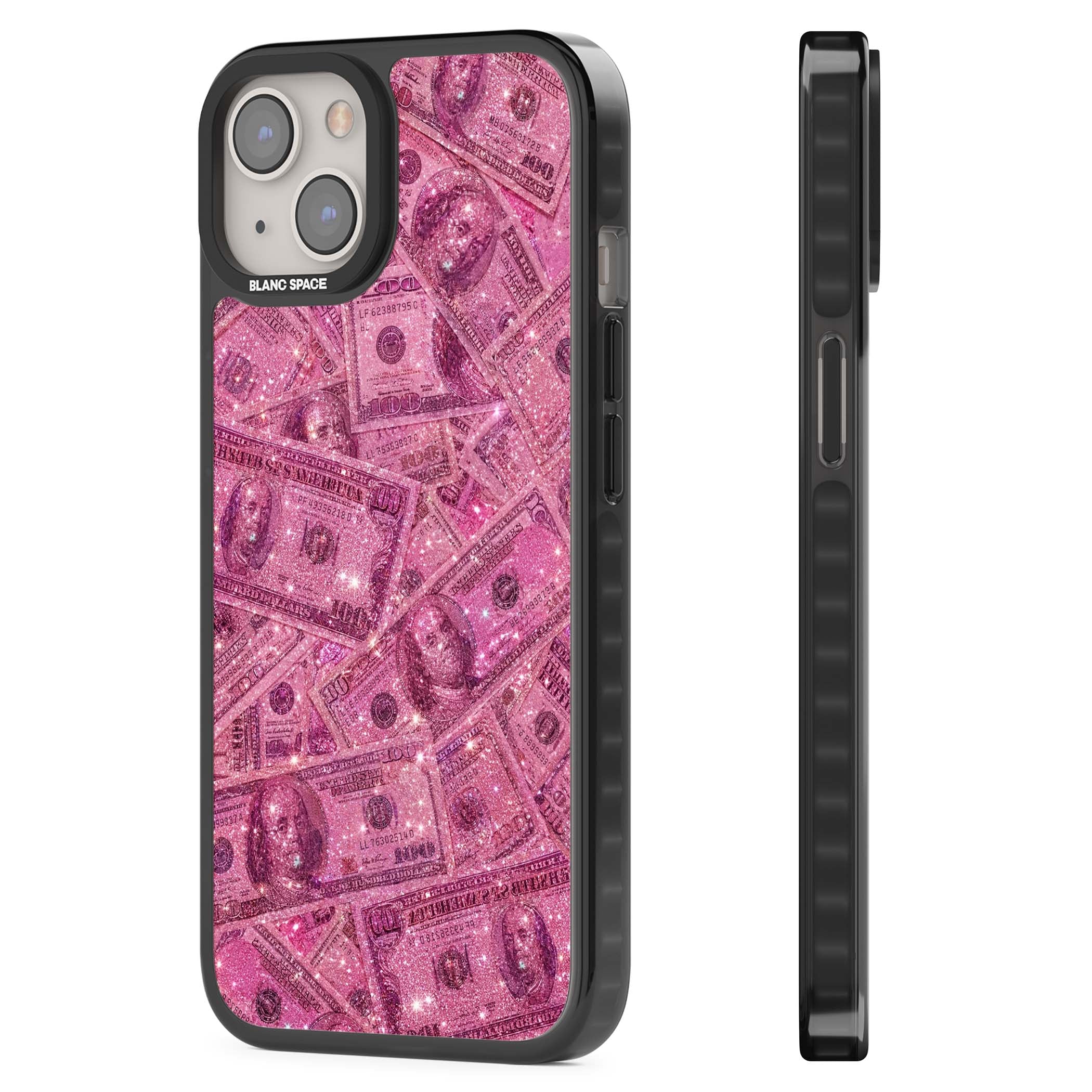 Glamorous baddie iPhone case featuring pink glitter hundred dollar bills and sparkling money wallpaper design | Black Impact case for iPhone 13, iPhone 14, iPhone 15