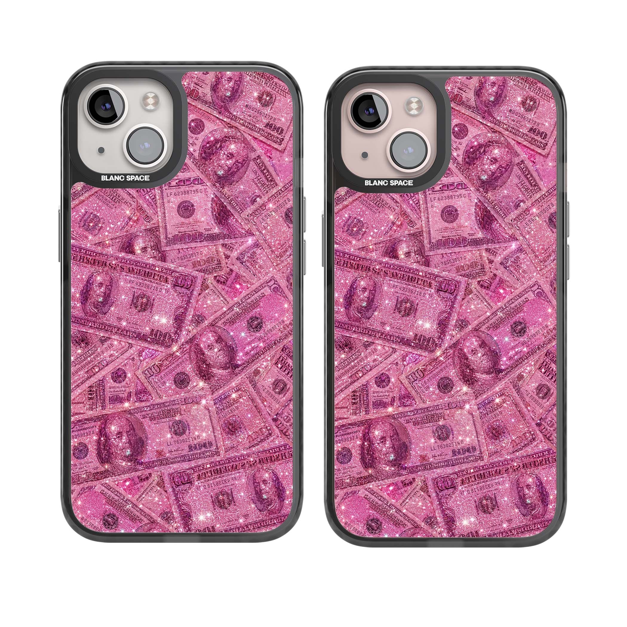 Glamorous baddie iPhone case featuring pink glitter hundred dollar bills and sparkling money wallpaper design | Black Impact case for iPhone 13, iPhone 14, iPhone 15