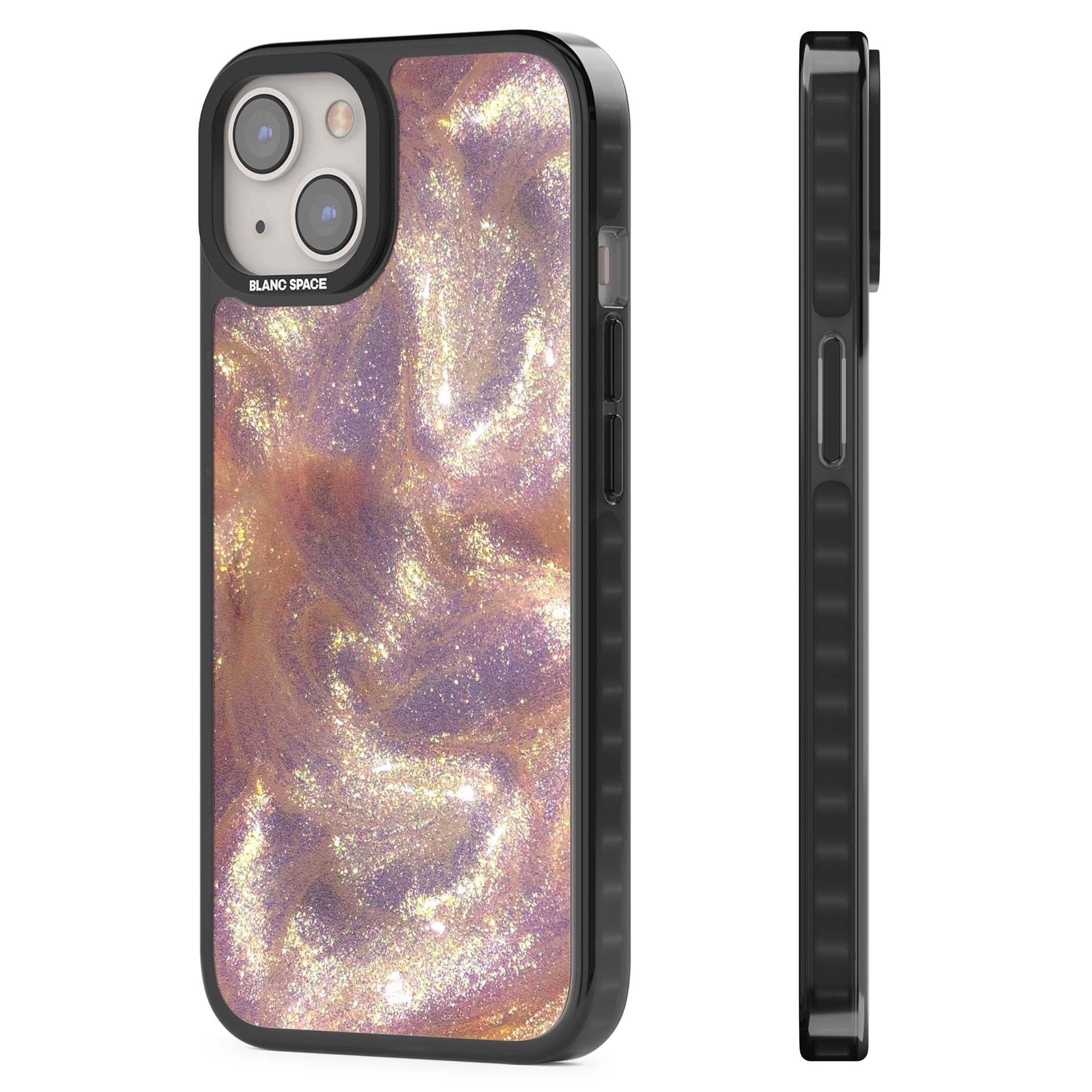 Shimmer marble iPhone case featuring rose gold glitter swirls, lilac shimmer and iridescent pearl finish | Black Impact case for iPhone 13, iPhone 14, iPhone 15