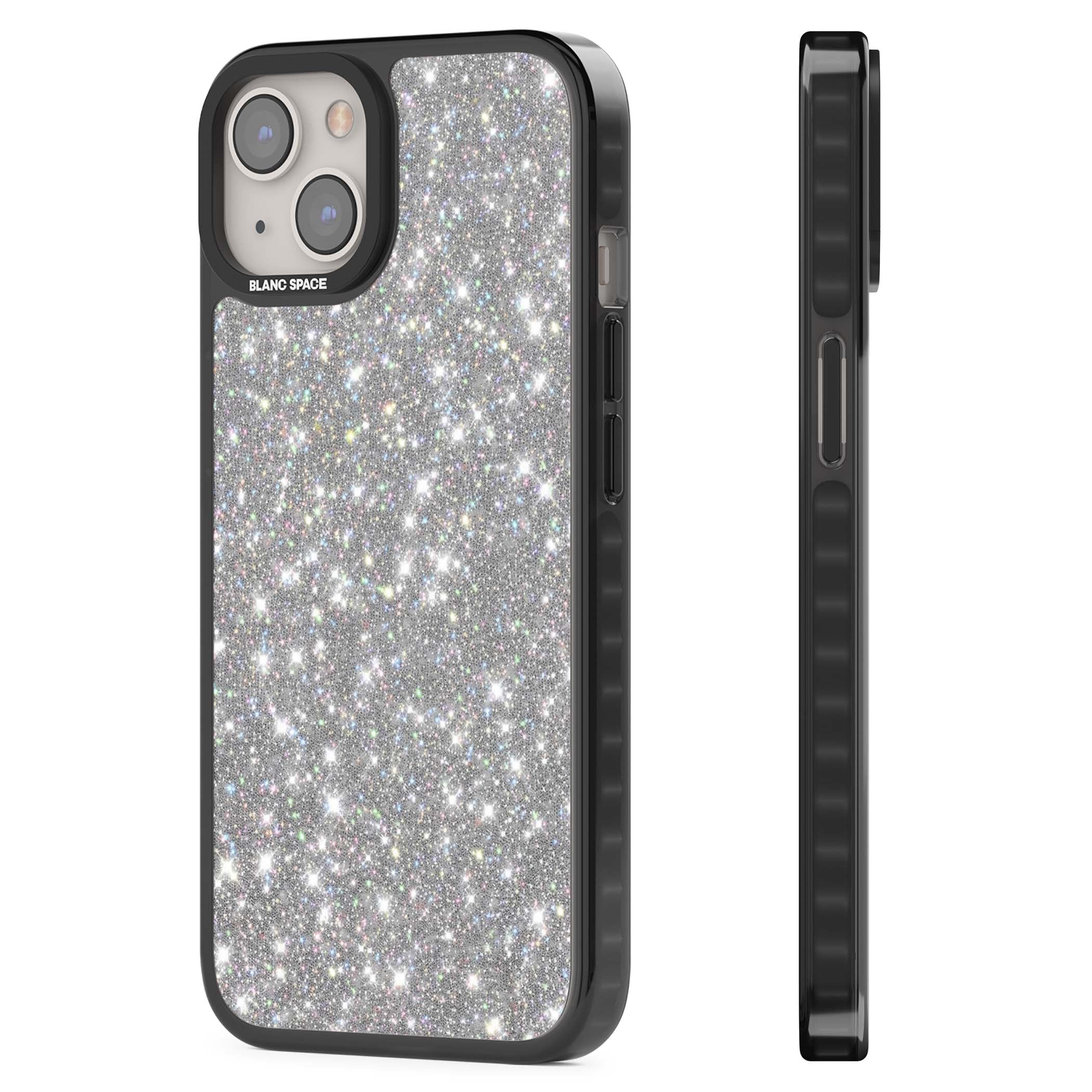Diamond glam iPhone case featuring silver glitter sparkle and shimmering diamond dust effect | Black Impact case for iPhone 13, iPhone 14, iPhone 15