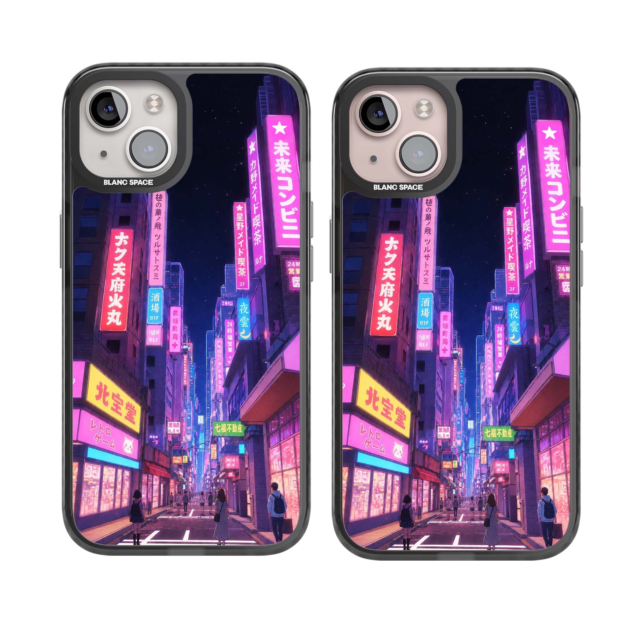 Shibuya At Night Japanese neon city iPhone case featuring glowing kanji signs, pink storefronts and a Tokyo street at n | Black Impact case for iPhone 13, iPhone 14, iPhone 15