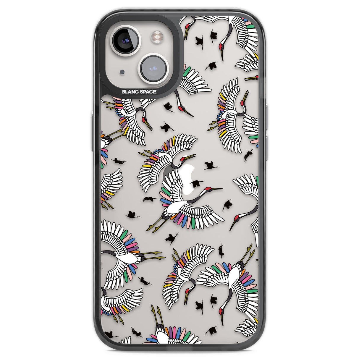 Colourful Crane Pattern Black Impact Phone Case for iPhone 13, iPhone 14, iPhone 15