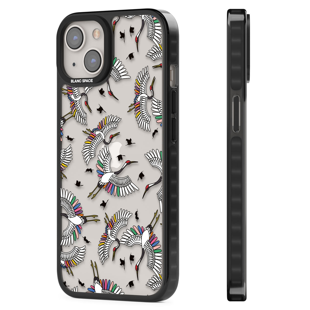 Colourful Crane Pattern Black Impact Phone Case for iPhone 13, iPhone 14, iPhone 15