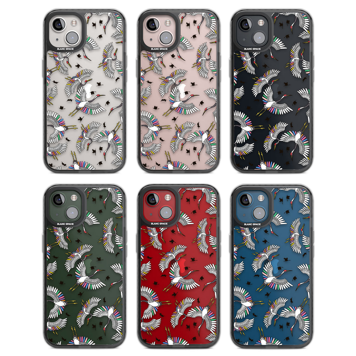 Colourful Crane Pattern Black Impact Phone Case for iPhone 13, iPhone 14, iPhone 15