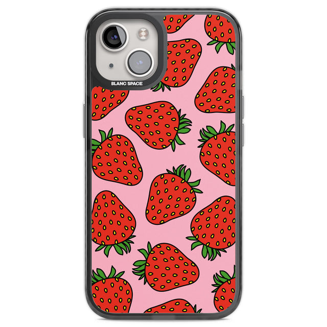 Strawberry Pattern (Pink) Black Impact Phone Case for iPhone 13, iPhone 14, iPhone 15