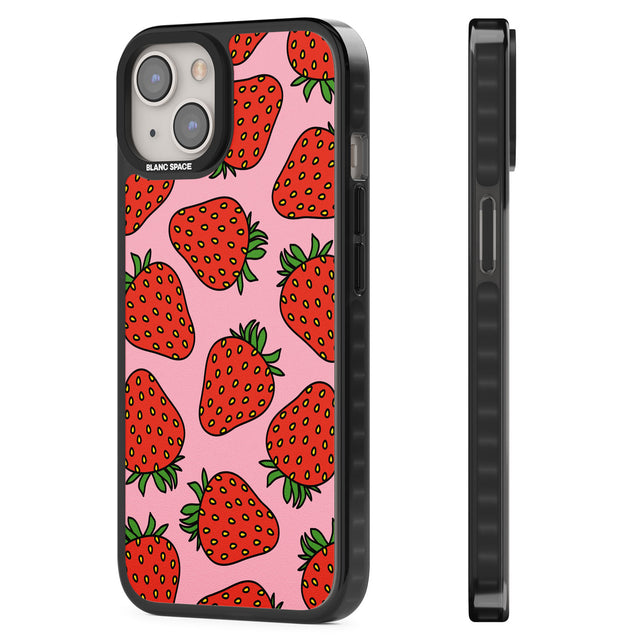 Strawberry Pattern (Pink) Black Impact Phone Case for iPhone 13, iPhone 14, iPhone 15