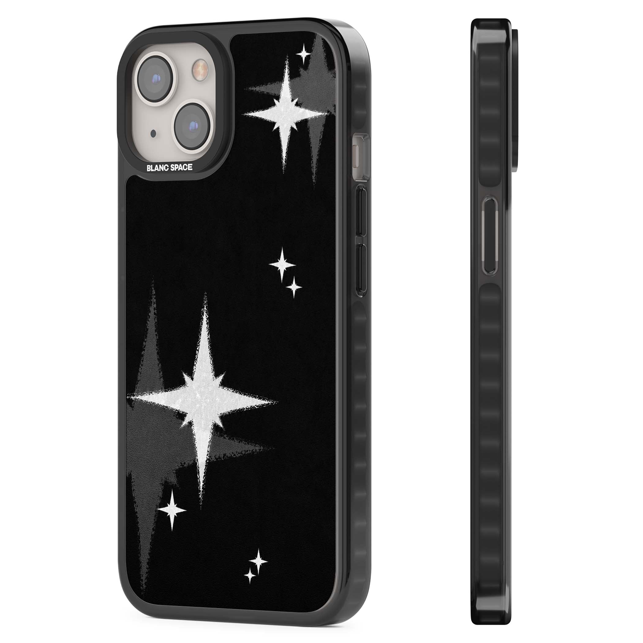 Black Sparkle celestial iPhone case featuring white sparkle stars on a black night sky background | Black Impact case for iPhone 13, iPhone 14, iPhone 15