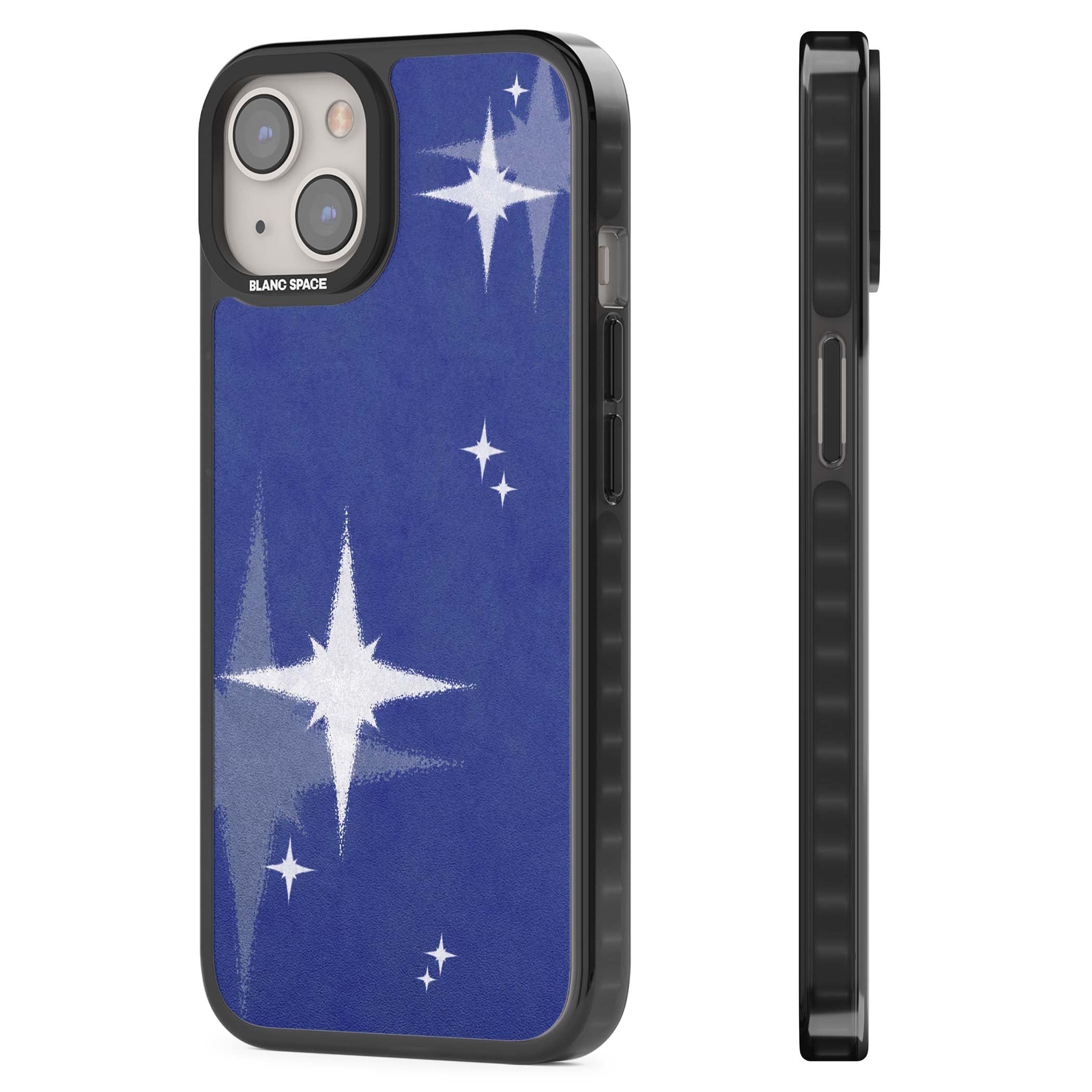 Blue Sparkle celestial iPhone case featuring sparkling silver stars on a deep blue painterly night sky | Black Impact case for iPhone 13, iPhone 14, iPhone 15