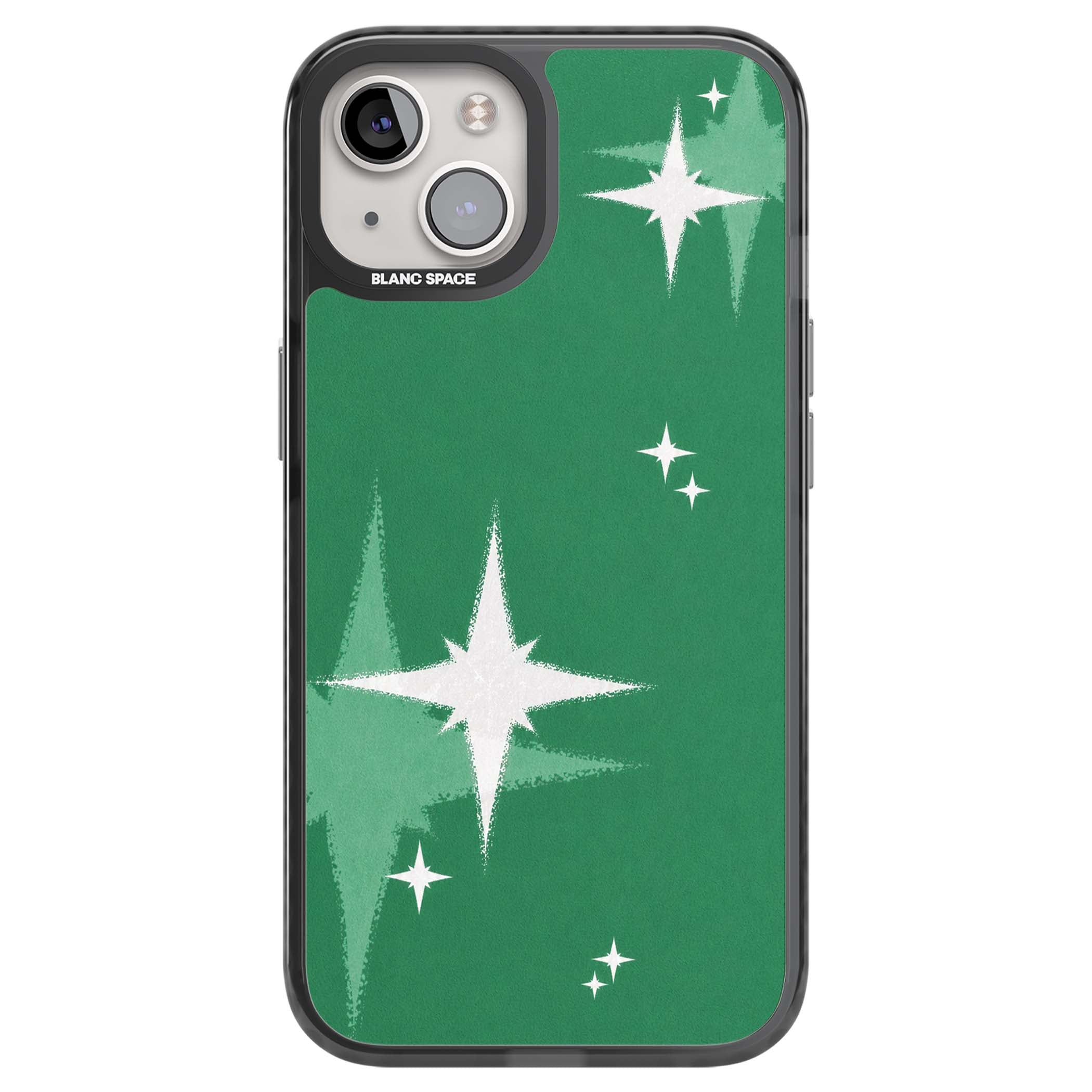 Green Sparkle celestial iPhone case featuring sparkling white four-point stars on a deep green background | Black Impact case for iPhone 13, iPhone 14, iPhone 15