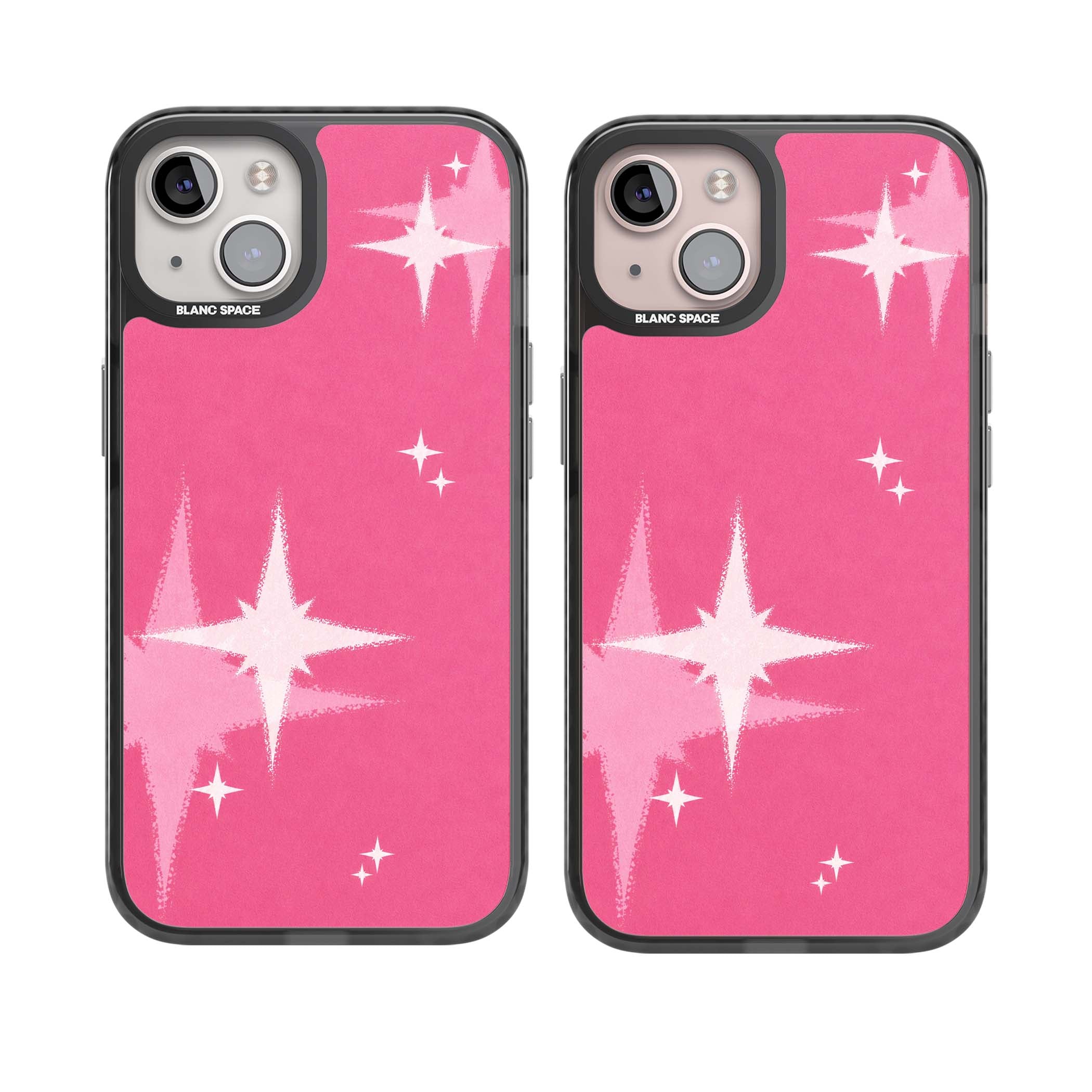 Pink Sparkle Y2K iPhone case featuring hot pink background with shimmering white starburst pattern | Black Impact case for iPhone 13, iPhone 14, iPhone 15