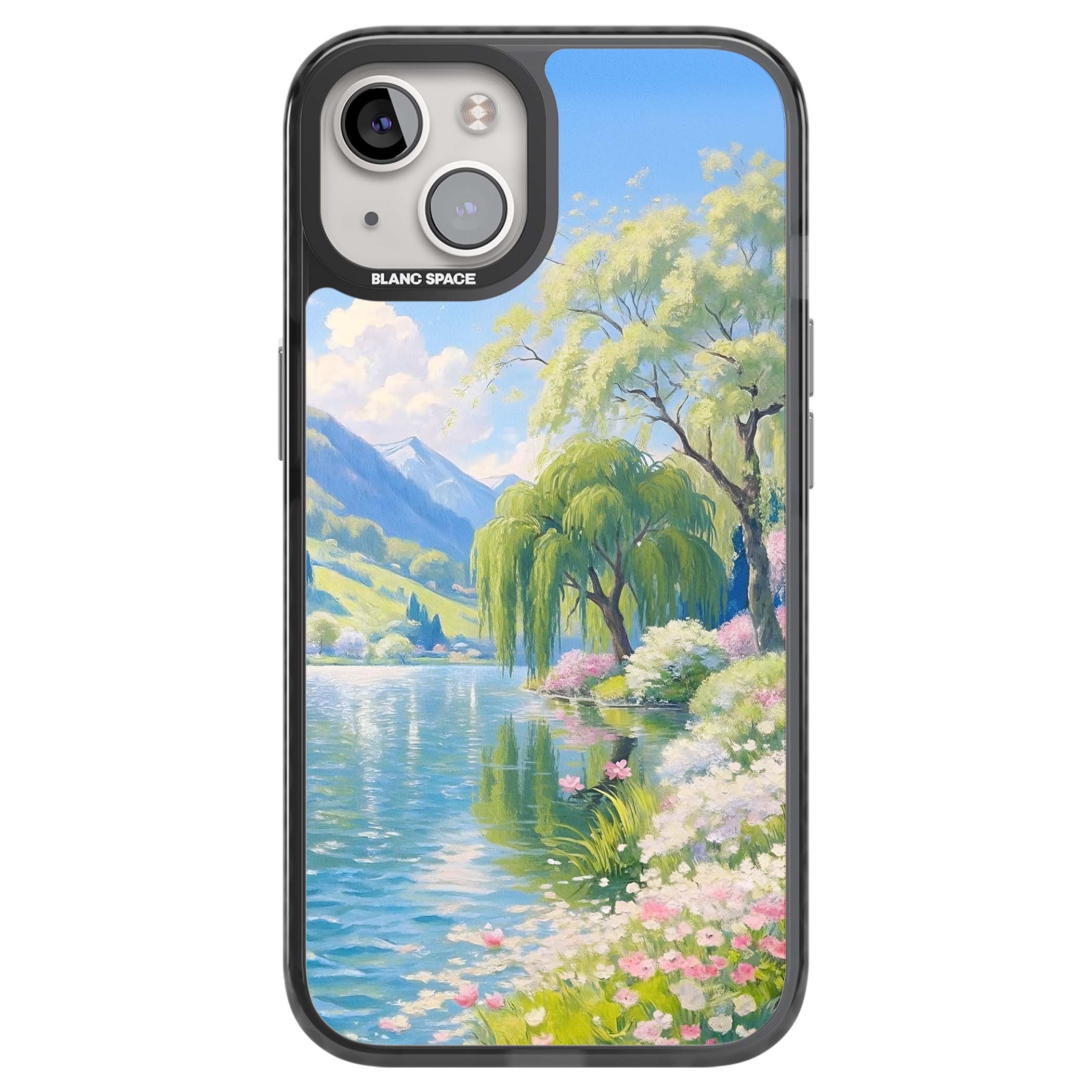 Willow Lake cottagecore iPhone case featuring a painted lakeside with weeping willow, blossoms and distant mountains | Black Impact case for iPhone 13, iPhone 14, iPhone 15
