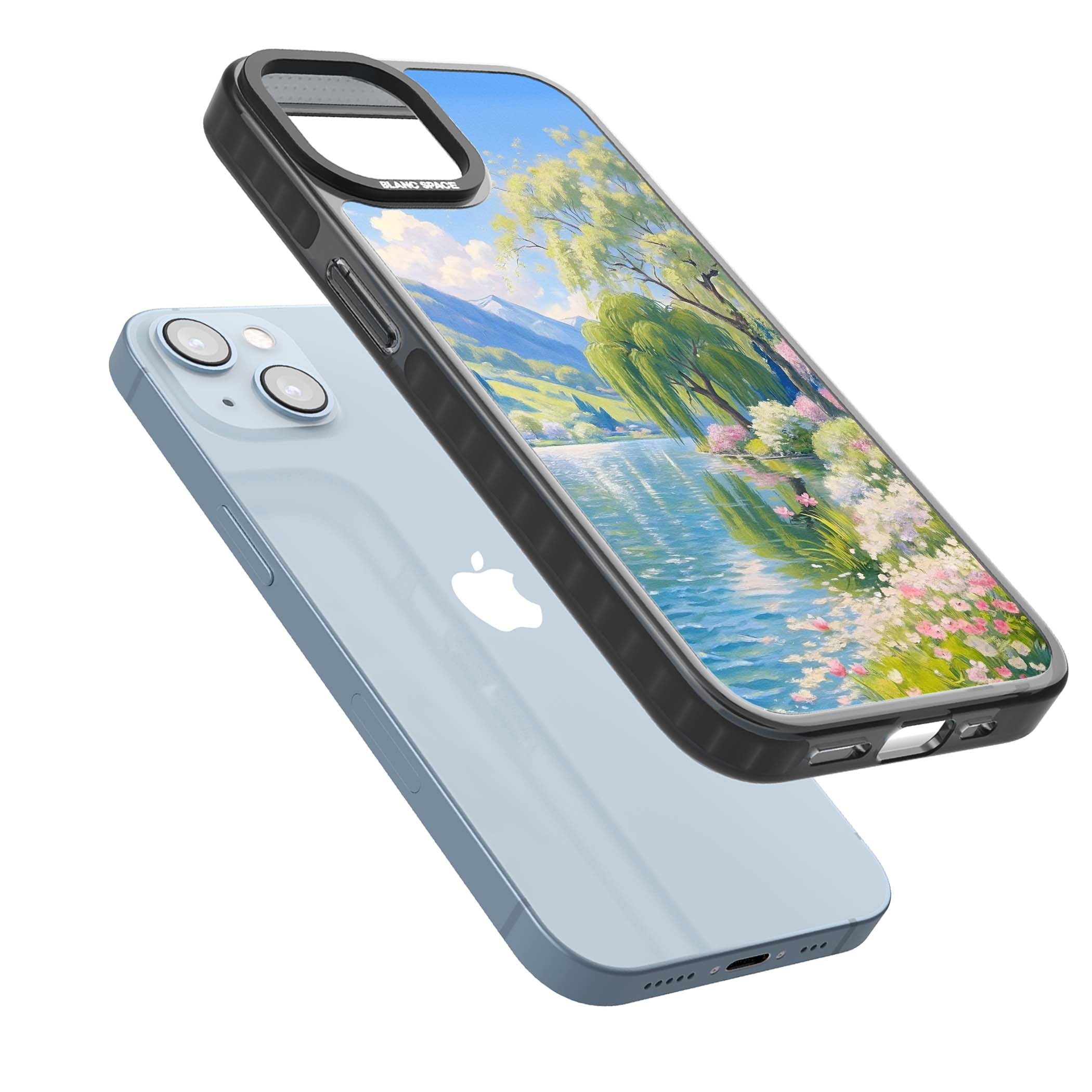 Willow Lake cottagecore iPhone case featuring a painted lakeside with weeping willow, blossoms and distant mountains | Black Impact case for iPhone 13, iPhone 14, iPhone 15