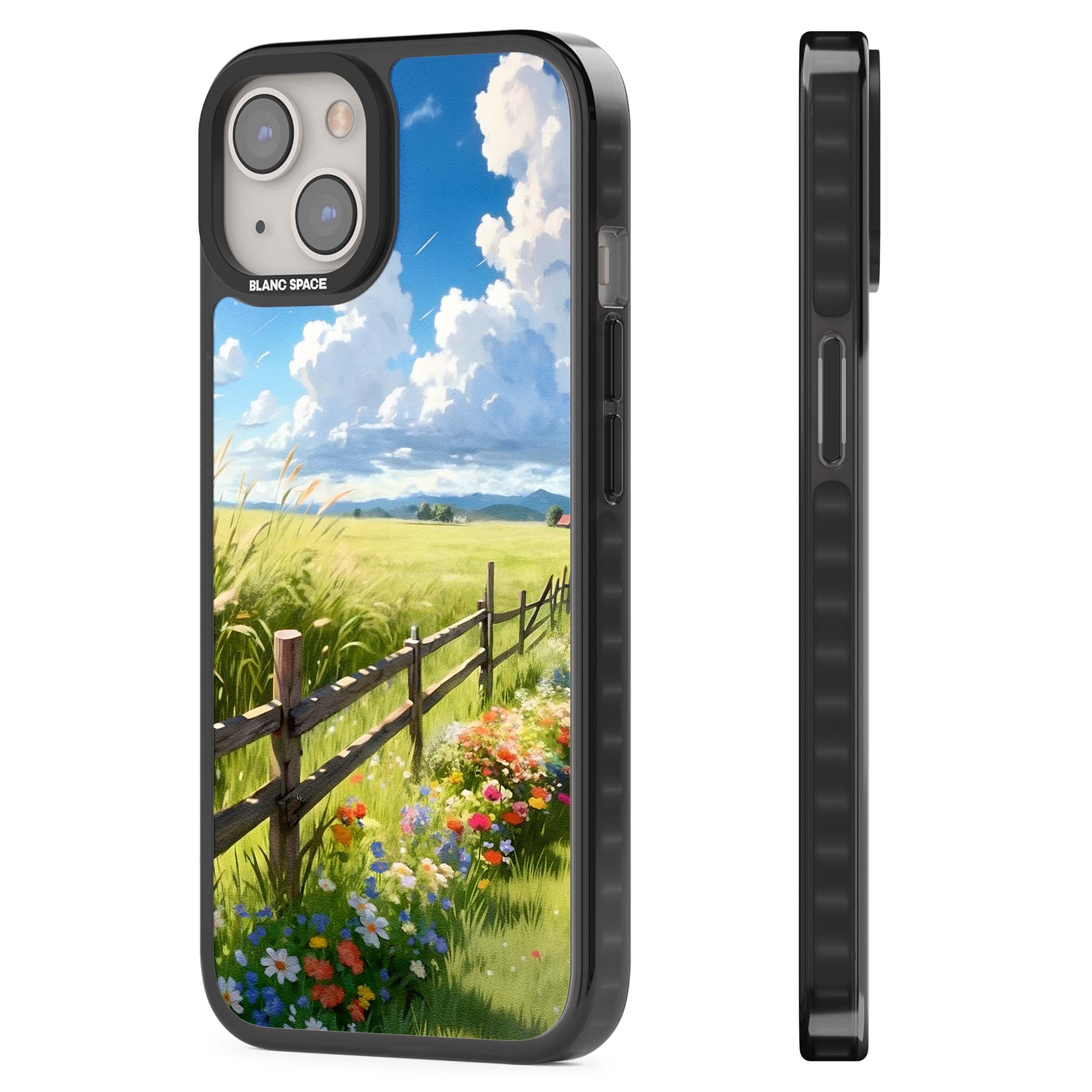 A Countryside Afternoon cottagecore iPhone case featuring a painted countryside meadow, wooden fence, and wildflowers beneath | Black Impact case for iPhone 13, iPhone 14, iPhone 15
