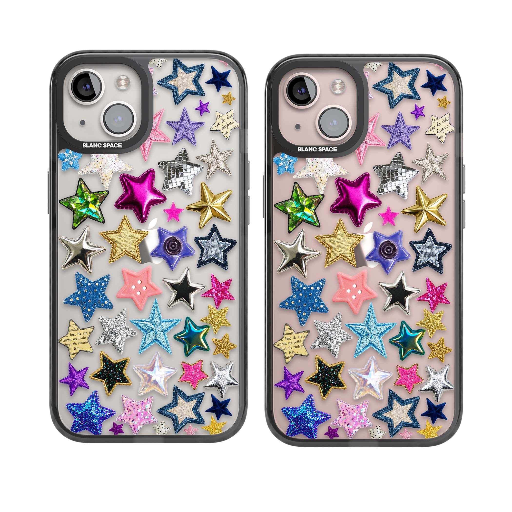 Crafty Star Mix Y2K iPhone case featuring embroidered, sequinned and glitter star patches in rainbow colours | Black Impact case for iPhone 13, iPhone 14, iPhone 15