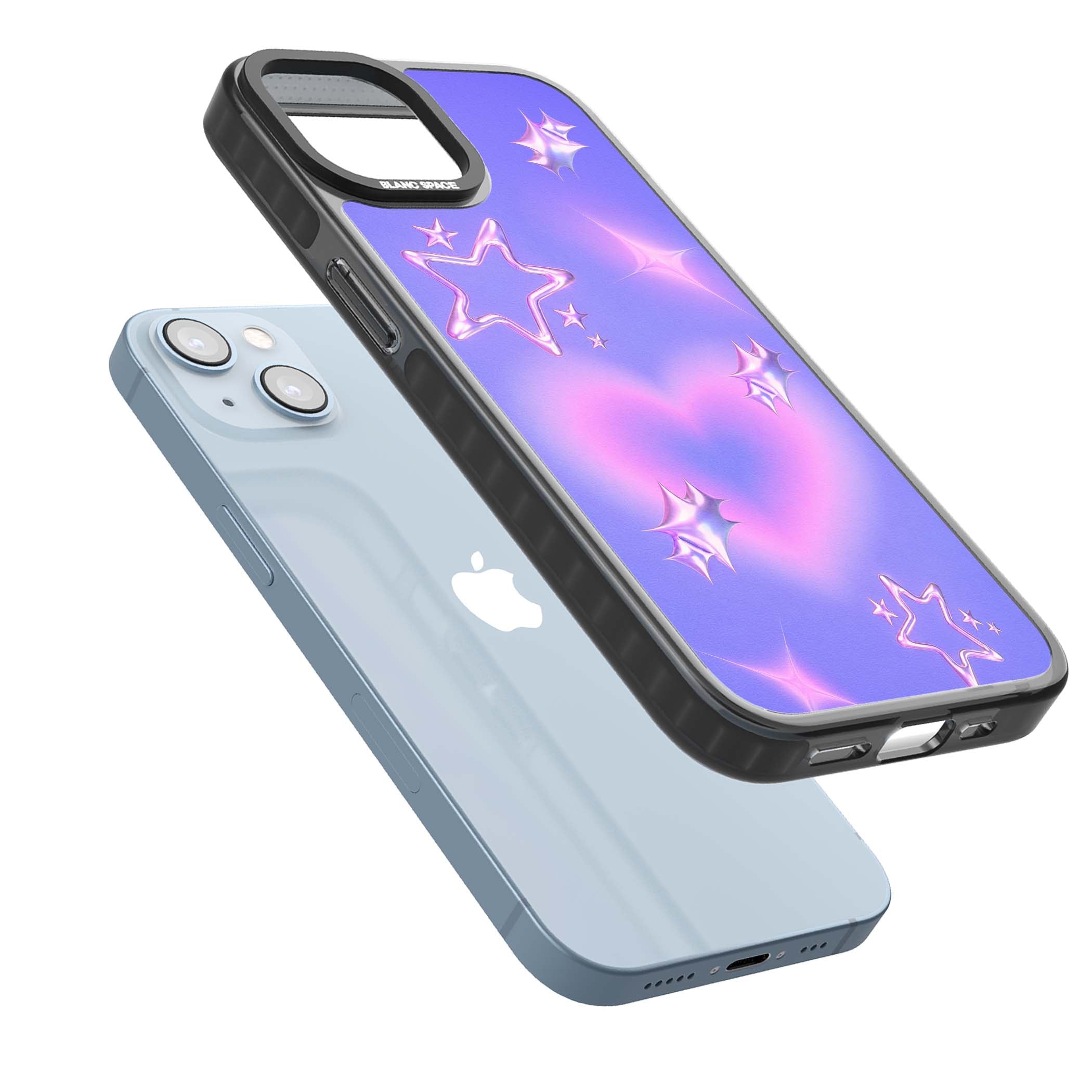 Soft Sugar Y2K iPhone case featuring iridescent chrome hearts, metallic pink stars and a lavender gradient sky | Black Impact case for iPhone 13, iPhone 14, iPhone 15
