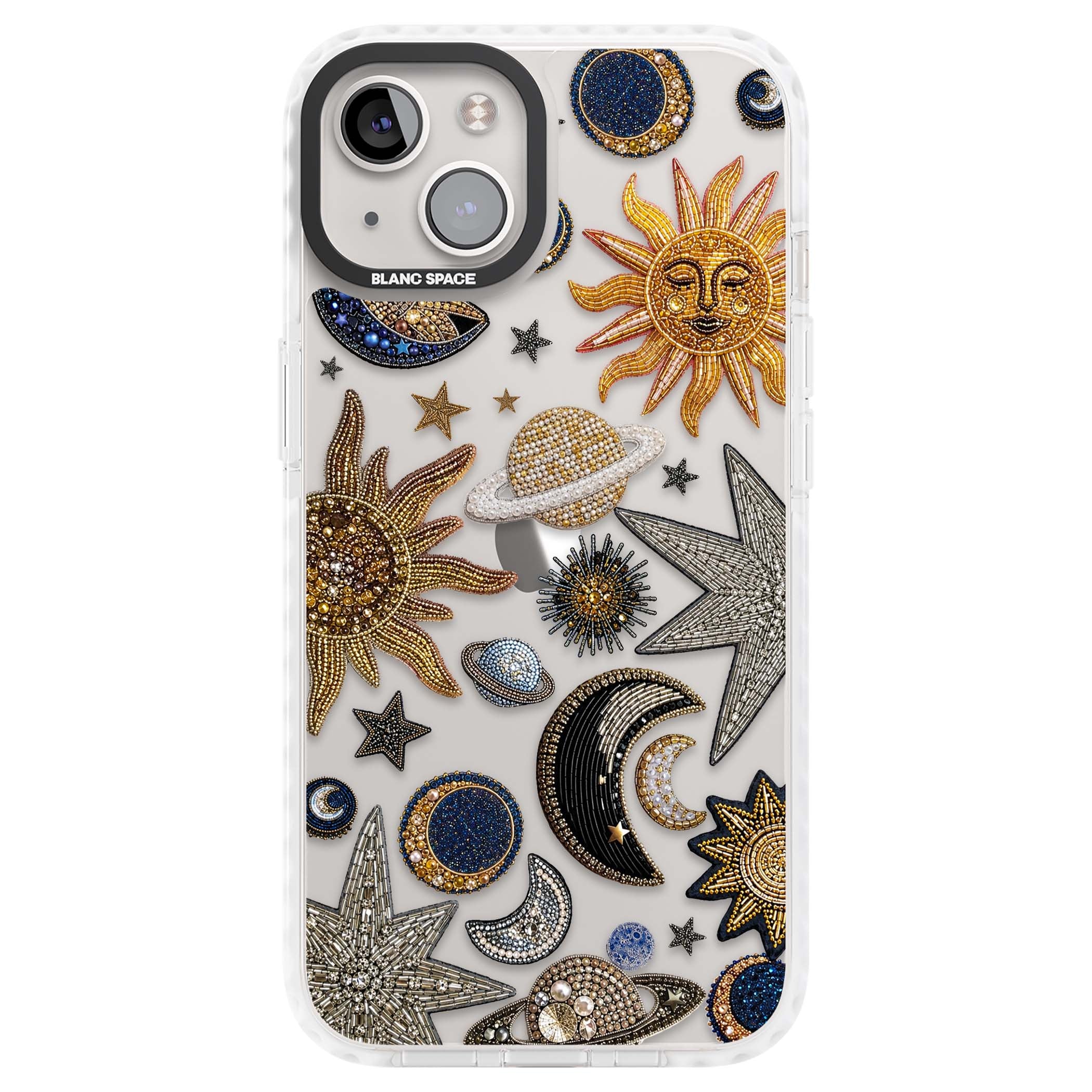 Beaded Cosmos celestial iPhone case featuring embroidered golden suns, beaded planets and silver shooting stars | Clear Impact case for iPhone 13, iPhone 14, iPhone 15