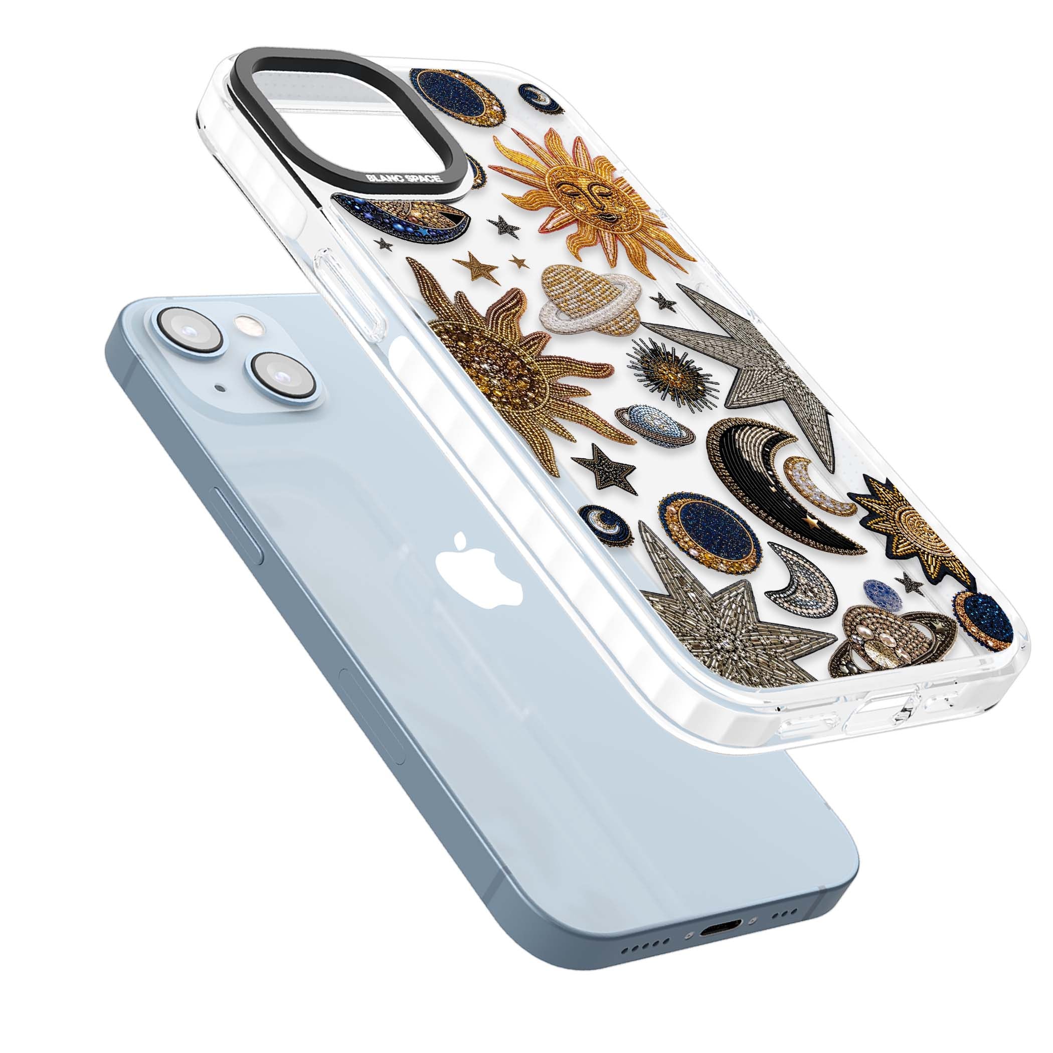 Beaded Cosmos celestial iPhone case featuring embroidered golden suns, beaded planets and silver shooting stars | Clear Impact case for iPhone 13, iPhone 14, iPhone 15