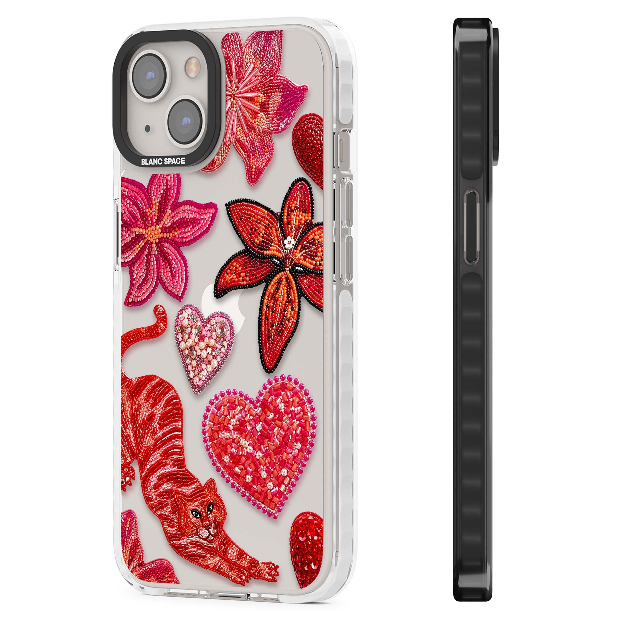 Beaded Boho floral iPhone case featuring beaded red lilies, a stitched tiger, and pearl-encrusted hearts on clear | Clear Impact case for iPhone 13, iPhone 14, iPhone 15