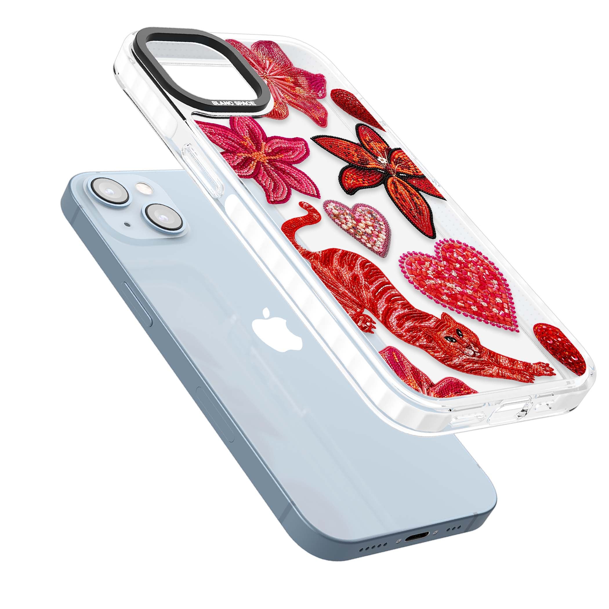 Beaded Boho floral iPhone case featuring beaded red lilies, a stitched tiger, and pearl-encrusted hearts on clear | Clear Impact case for iPhone 13, iPhone 14, iPhone 15