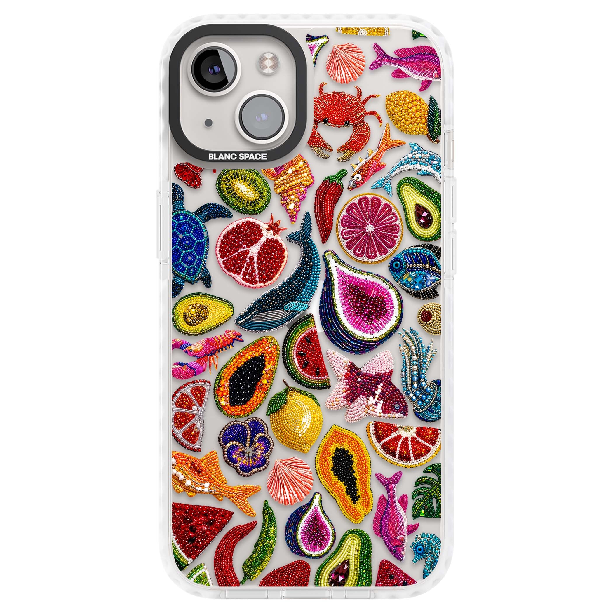 Beaded Tropic tropical iPhone case featuring beaded fruit, fish, crabs and seashells in vibrant colour | Clear Impact case for iPhone 13, iPhone 14, iPhone 15