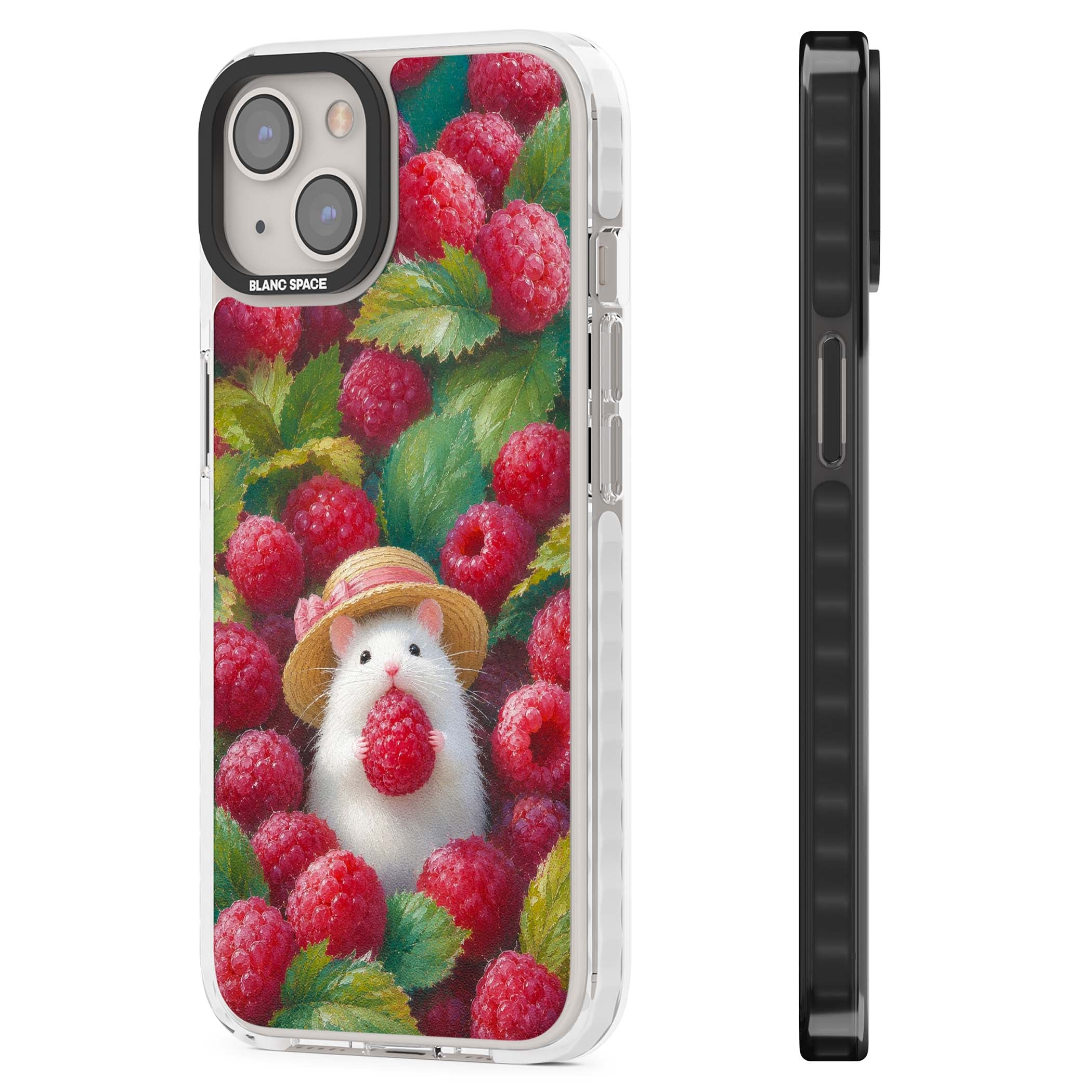 Berry Forager cottagecore iPhone case featuring a white hamster in a straw hat holding a raspberry surrounded by ripe ber | Clear Impact case for iPhone 13, iPhone 14, iPhone 15
