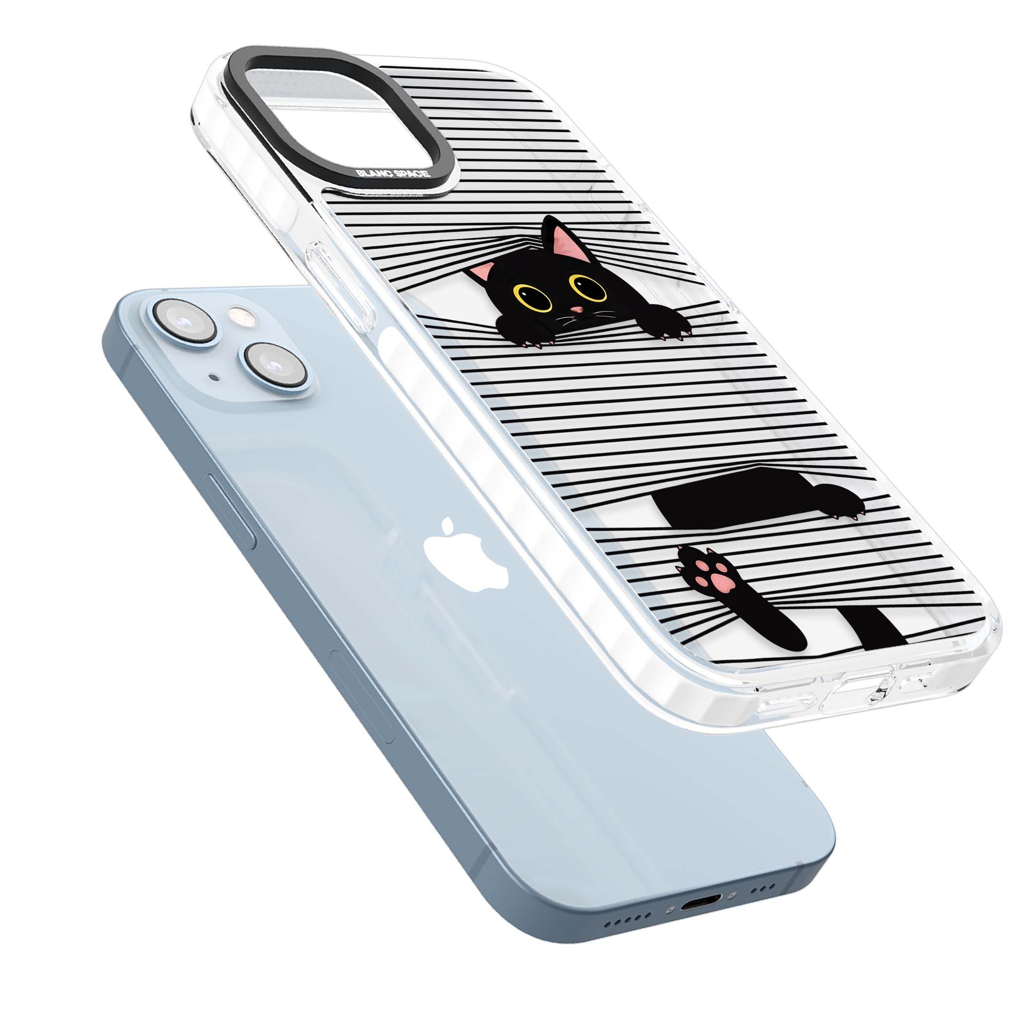 Peek-a-Boo Cat minimal iPhone case featuring black cat peeking through horizontal black and white stripes | Clear Impact case for iPhone 13, iPhone 14, iPhone 15