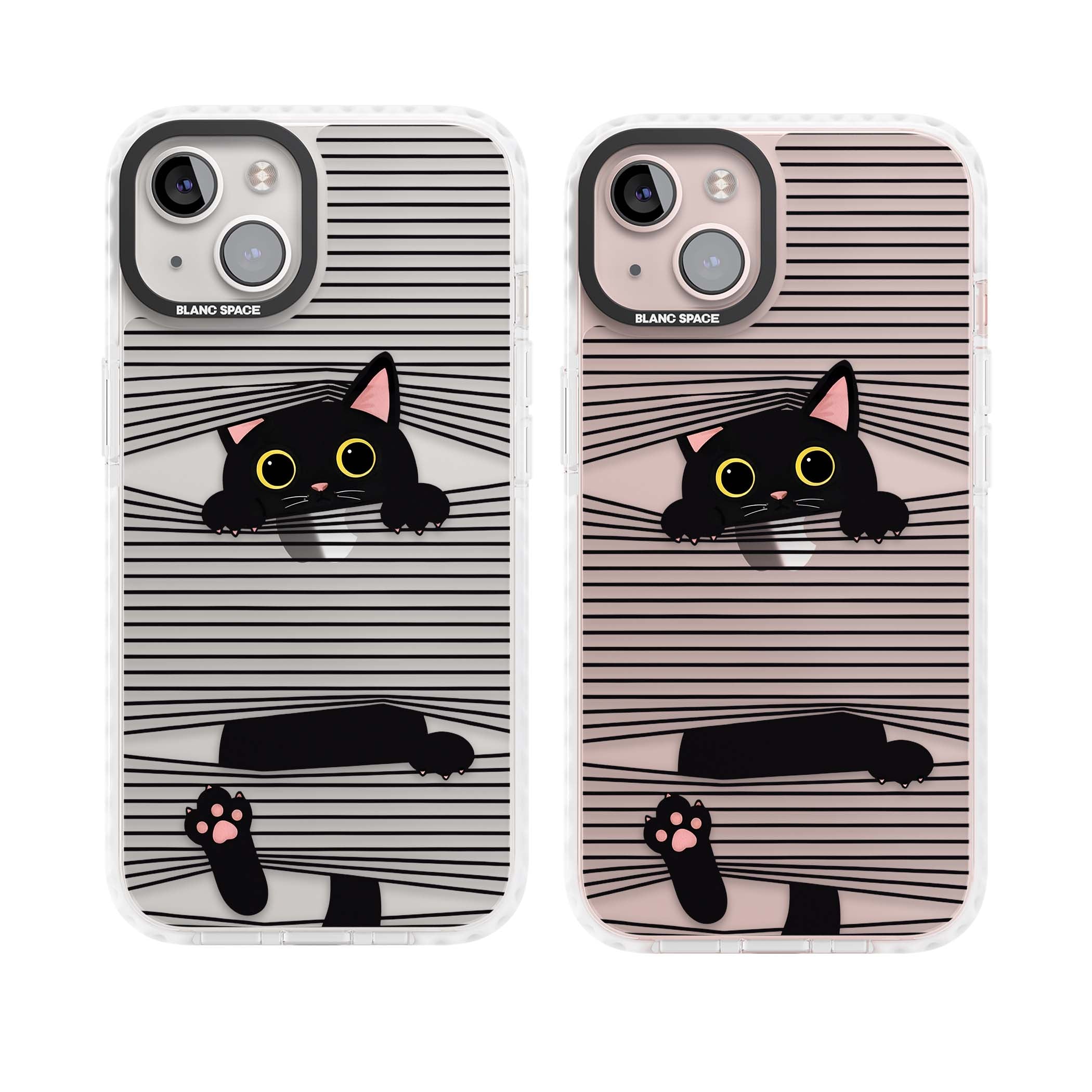 Peek-a-Boo Cat minimal iPhone case featuring black cat peeking through horizontal black and white stripes | Clear Impact case for iPhone 13, iPhone 14, iPhone 15