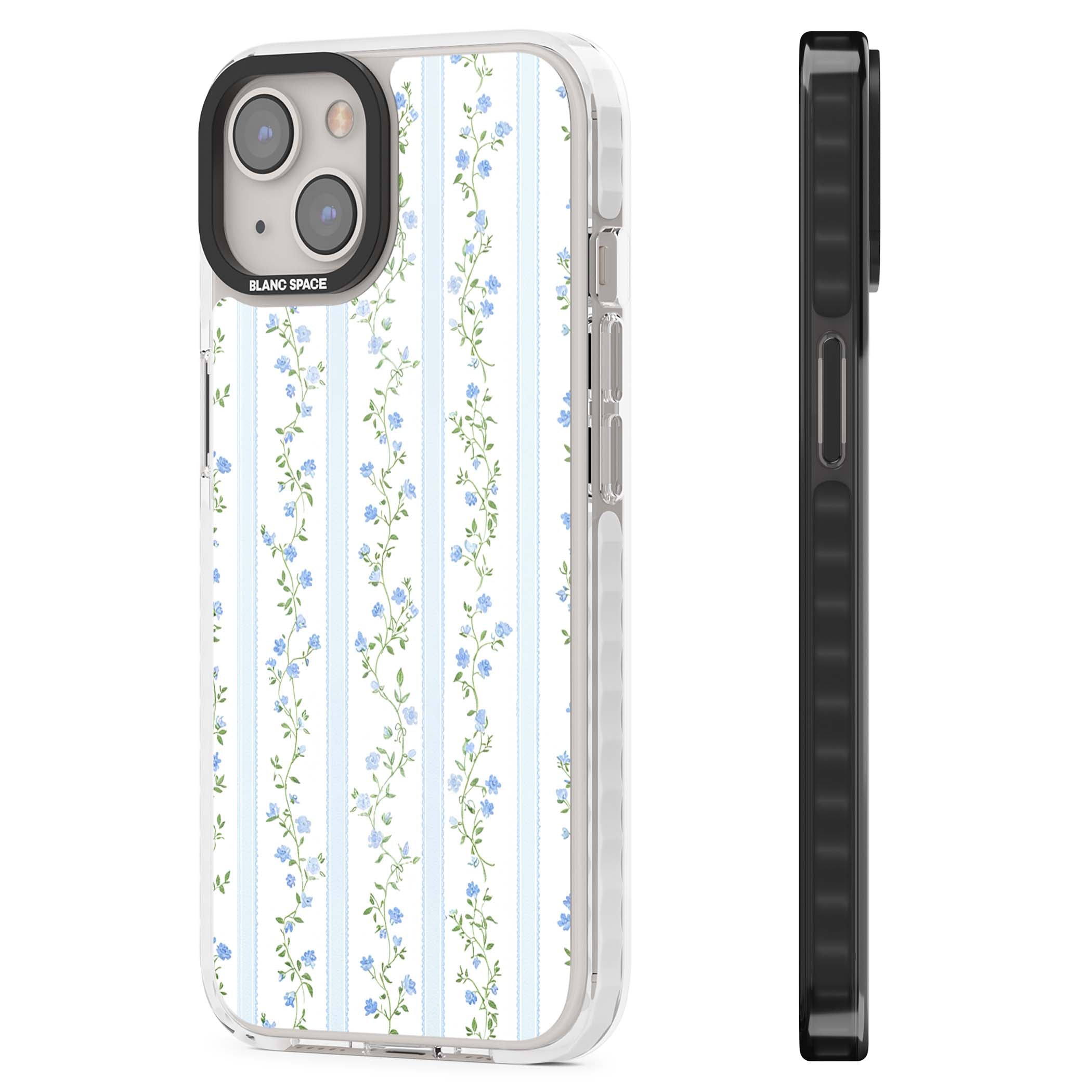 Bluebell Vine cottagecore iPhone case featuring climbing blue roses, trailing green vines, and pale ticking stripes | Clear Impact case for iPhone 13, iPhone 14, iPhone 15