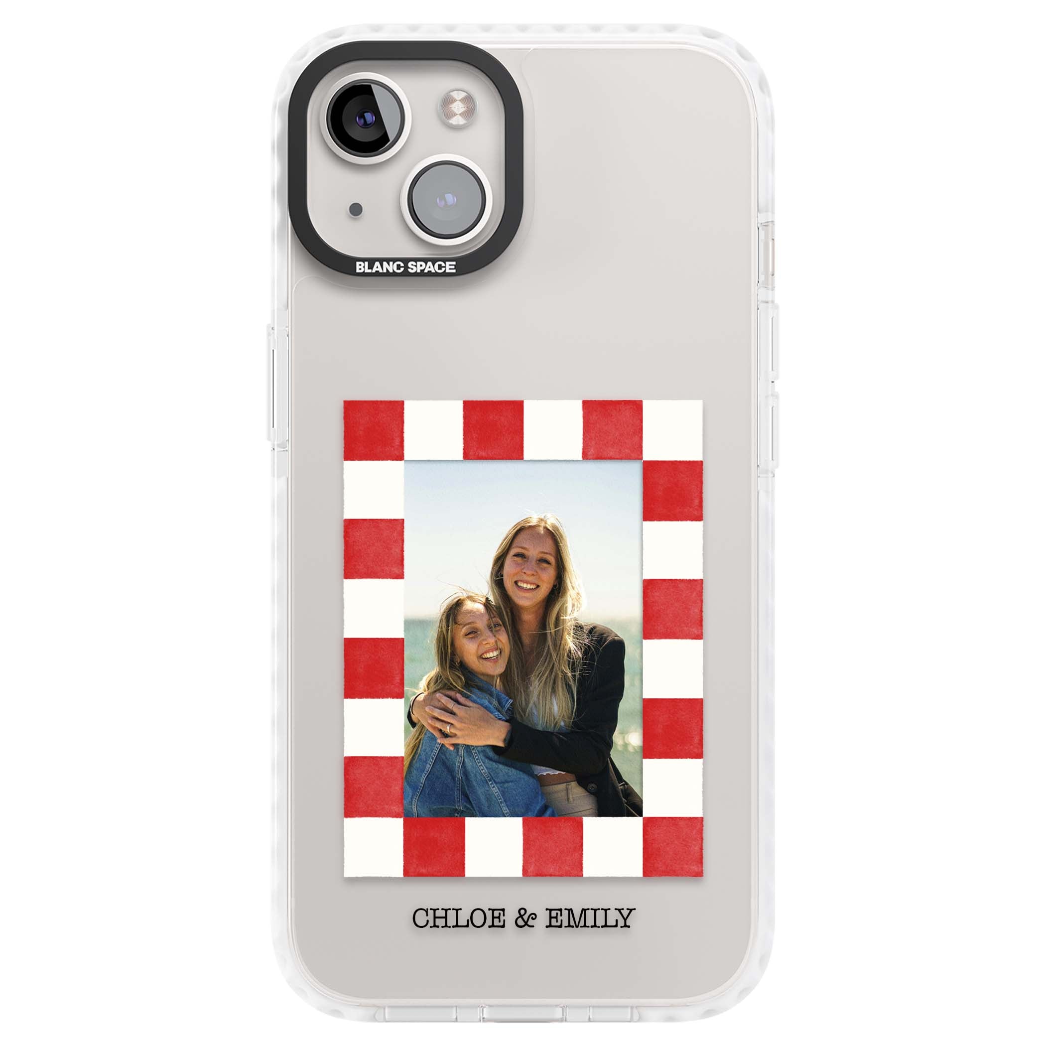 Red Check Photo personalised photo iPhone case with red and white checkered polaroid frame and custom couple name | Clear Impact case for iPhone 13, iPhone 14, iPhone 15