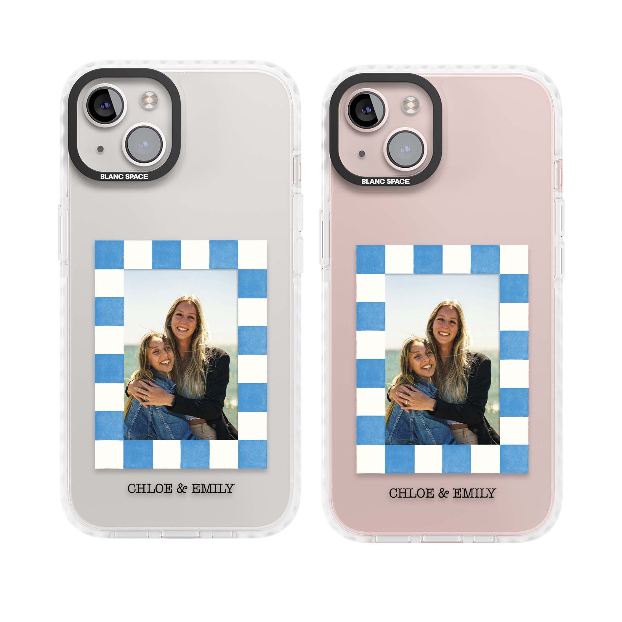 Blue Check Photo personalised photo iPhone case with blue checkered frame and custom couple names | Clear Impact case for iPhone 13, iPhone 14, iPhone 15