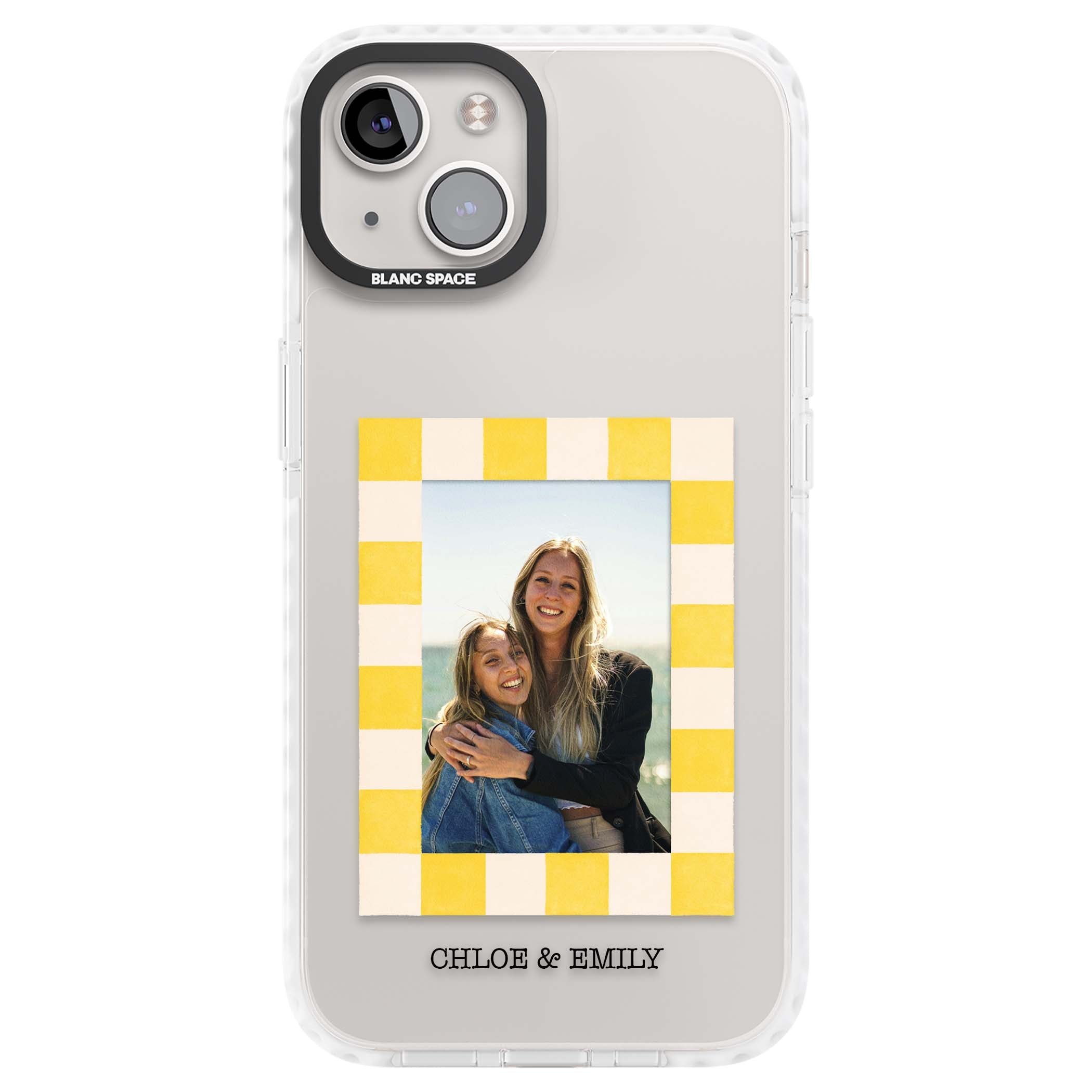 Yellow Check Photo personalised iPhone case with yellow checkered Polaroid frame and custom names beneath | Clear Impact case for iPhone 13, iPhone 14, iPhone 15