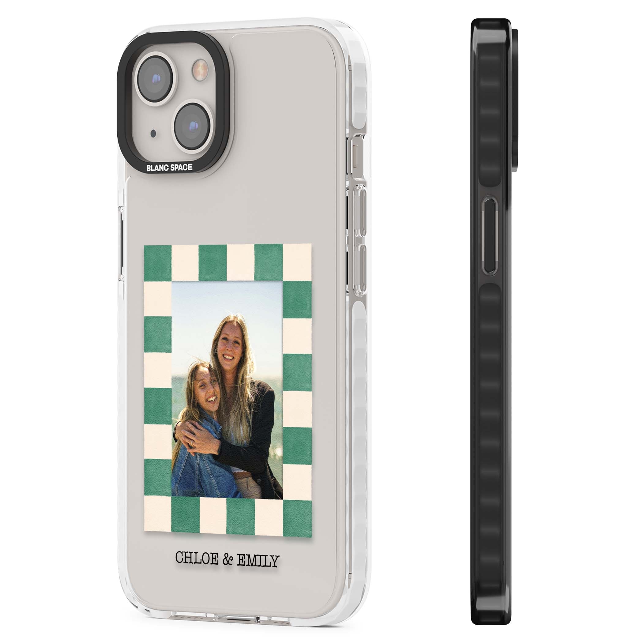 Seafoam Check Photo personalised iPhone case featuring a custom polaroid photo, green and cream checkered frame, and custom n | Clear Impact case for iPhone 13, iPhone 14, iPhone 15