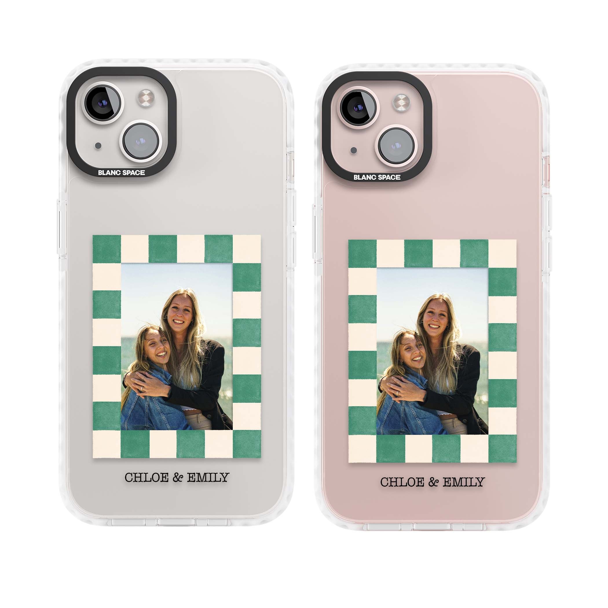 Seafoam Check Photo personalised iPhone case featuring a custom polaroid photo, green and cream checkered frame, and custom n | Clear Impact case for iPhone 13, iPhone 14, iPhone 15
