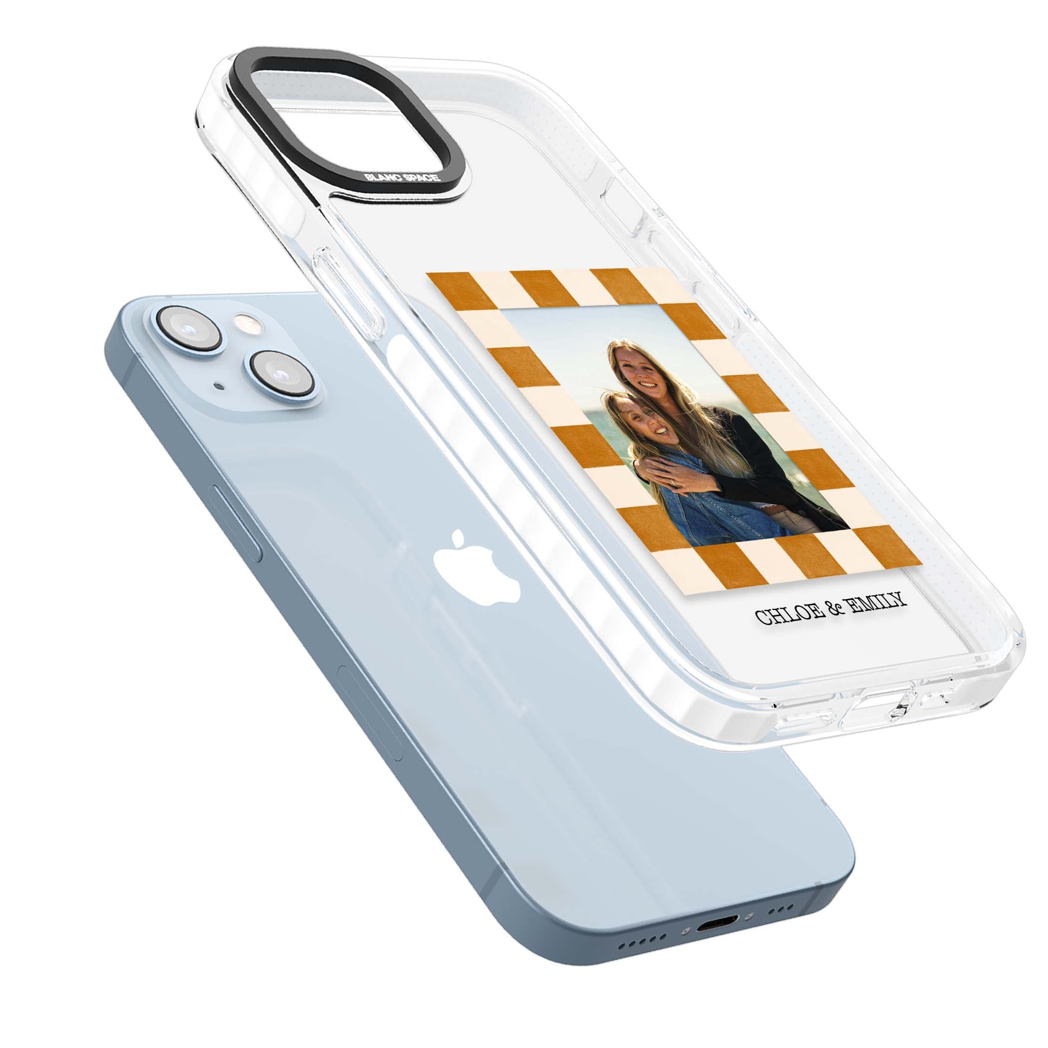 Citrus Check Photo personalised iPhone case with custom photo, orange checkered frame and names underneath | Clear Impact case for iPhone 13, iPhone 14, iPhone 15