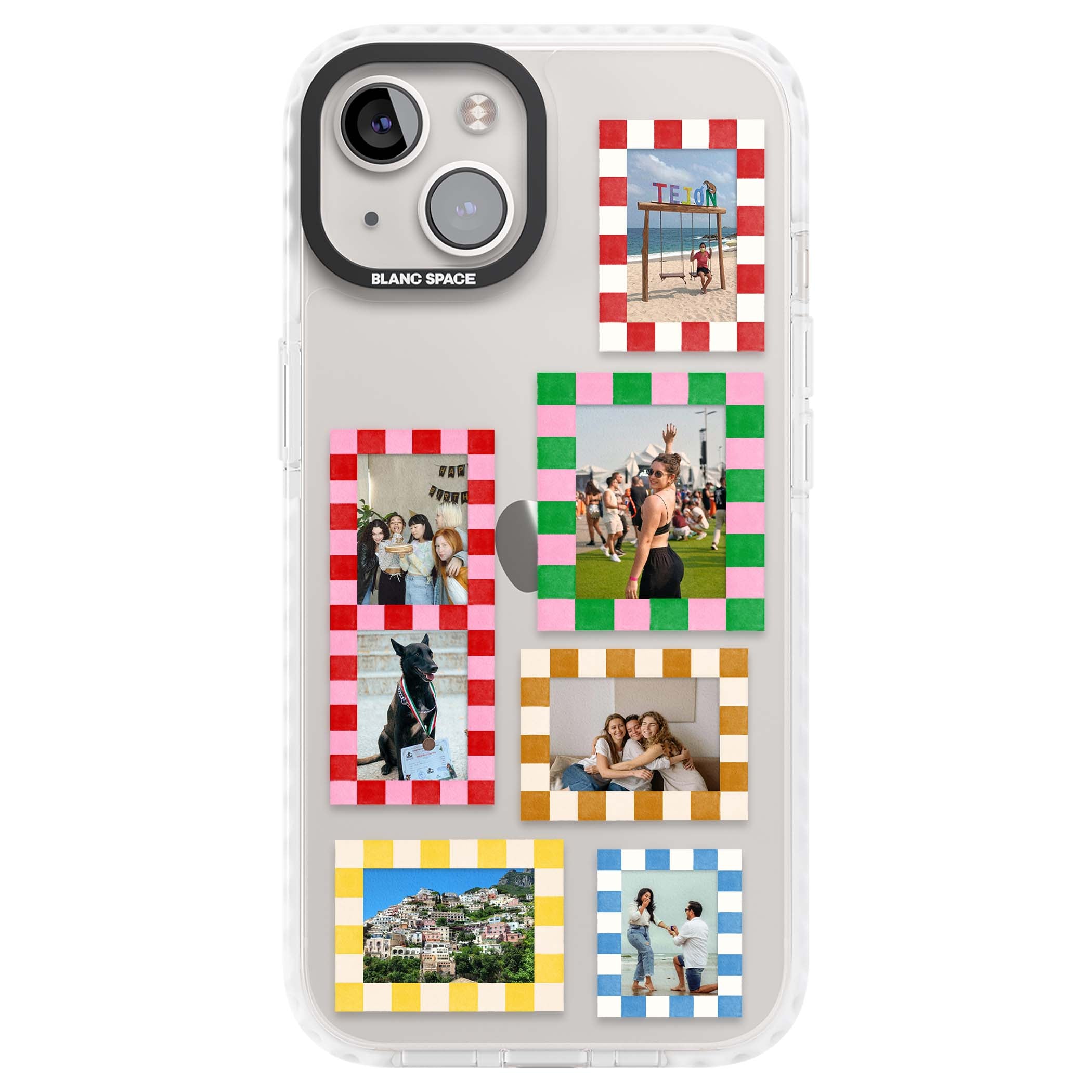 Italian Check Frames custom photo collage iPhone case featuring six checkered photo frames in red, green, pink and  | Clear Impact case for iPhone 13, iPhone 14, iPhone 15