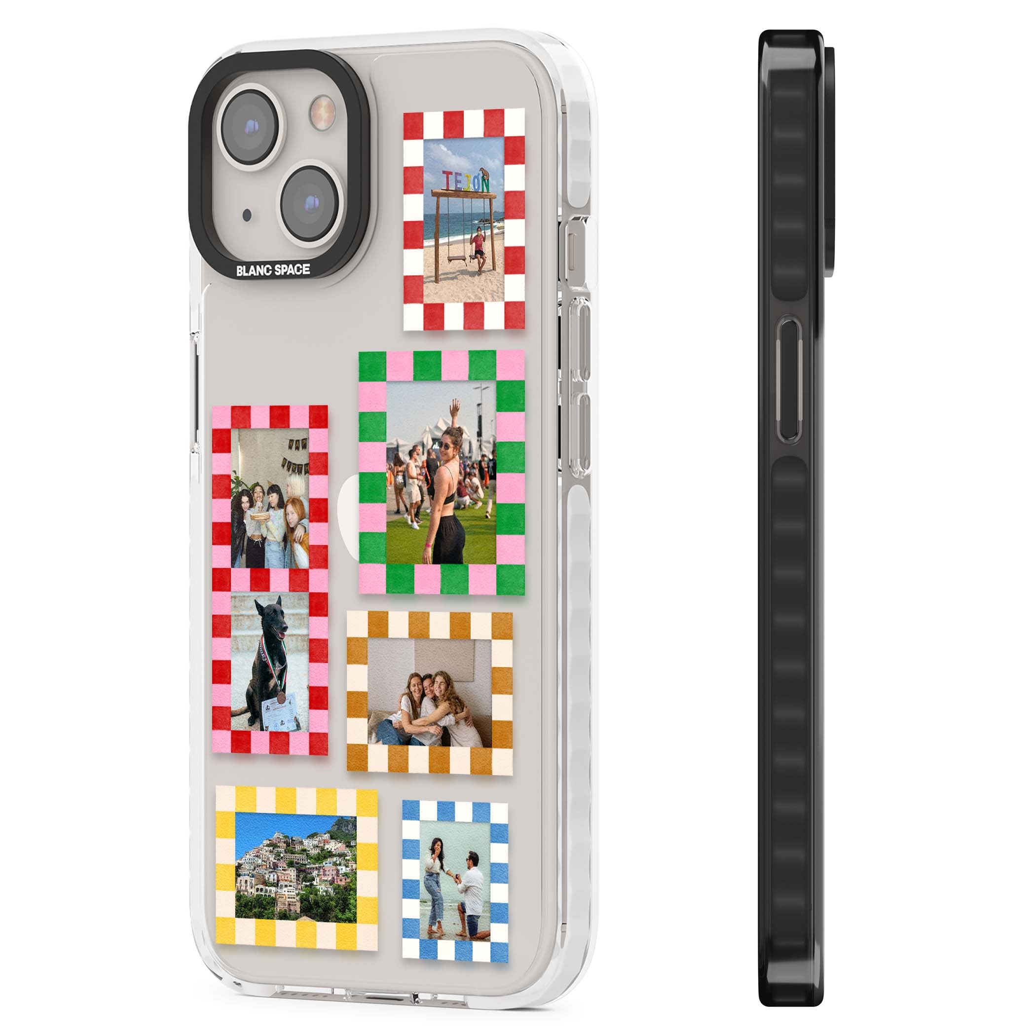 Italian Check Frames custom photo collage iPhone case featuring six checkered photo frames in red, green, pink and  | Clear Impact case for iPhone 13, iPhone 14, iPhone 15