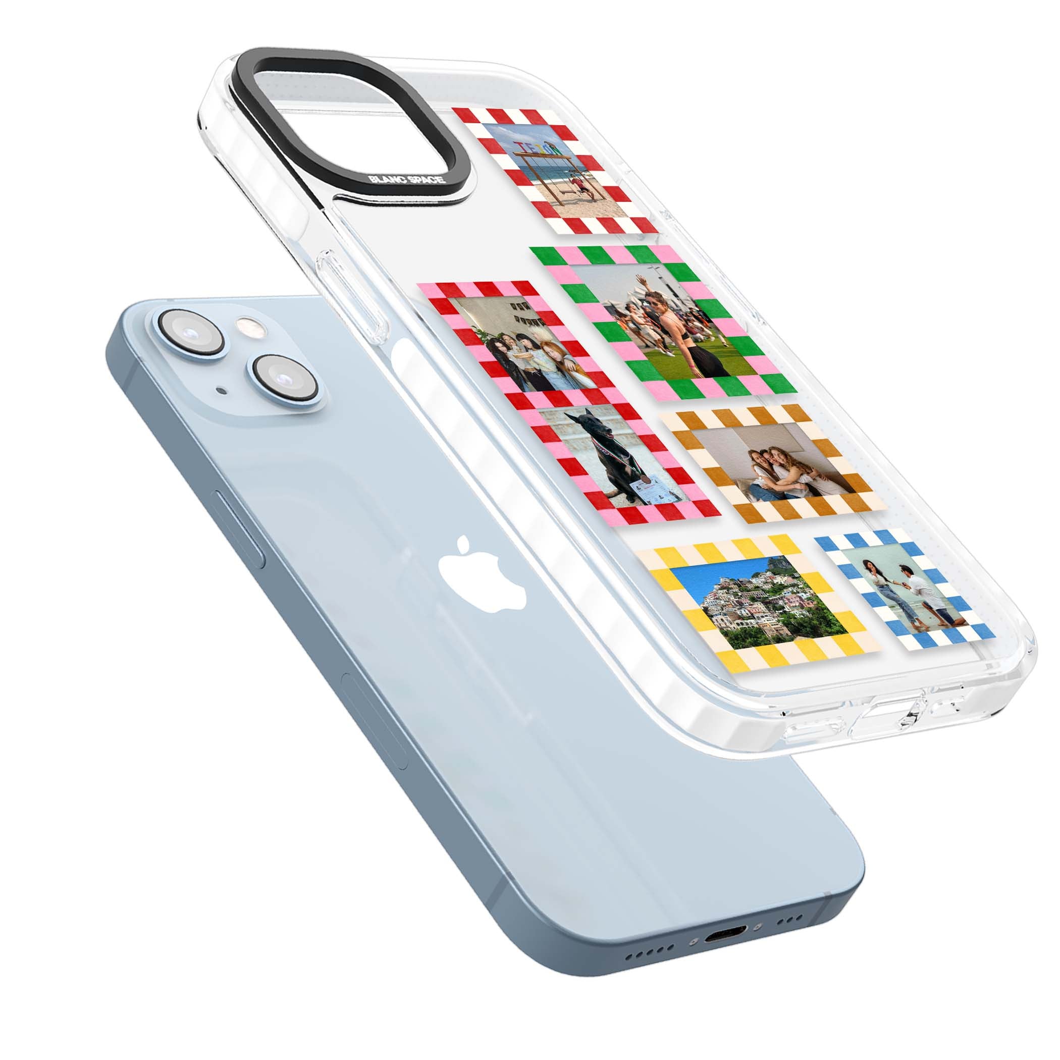 Italian Check Frames custom photo collage iPhone case featuring six checkered photo frames in red, green, pink and  | Clear Impact case for iPhone 13, iPhone 14, iPhone 15