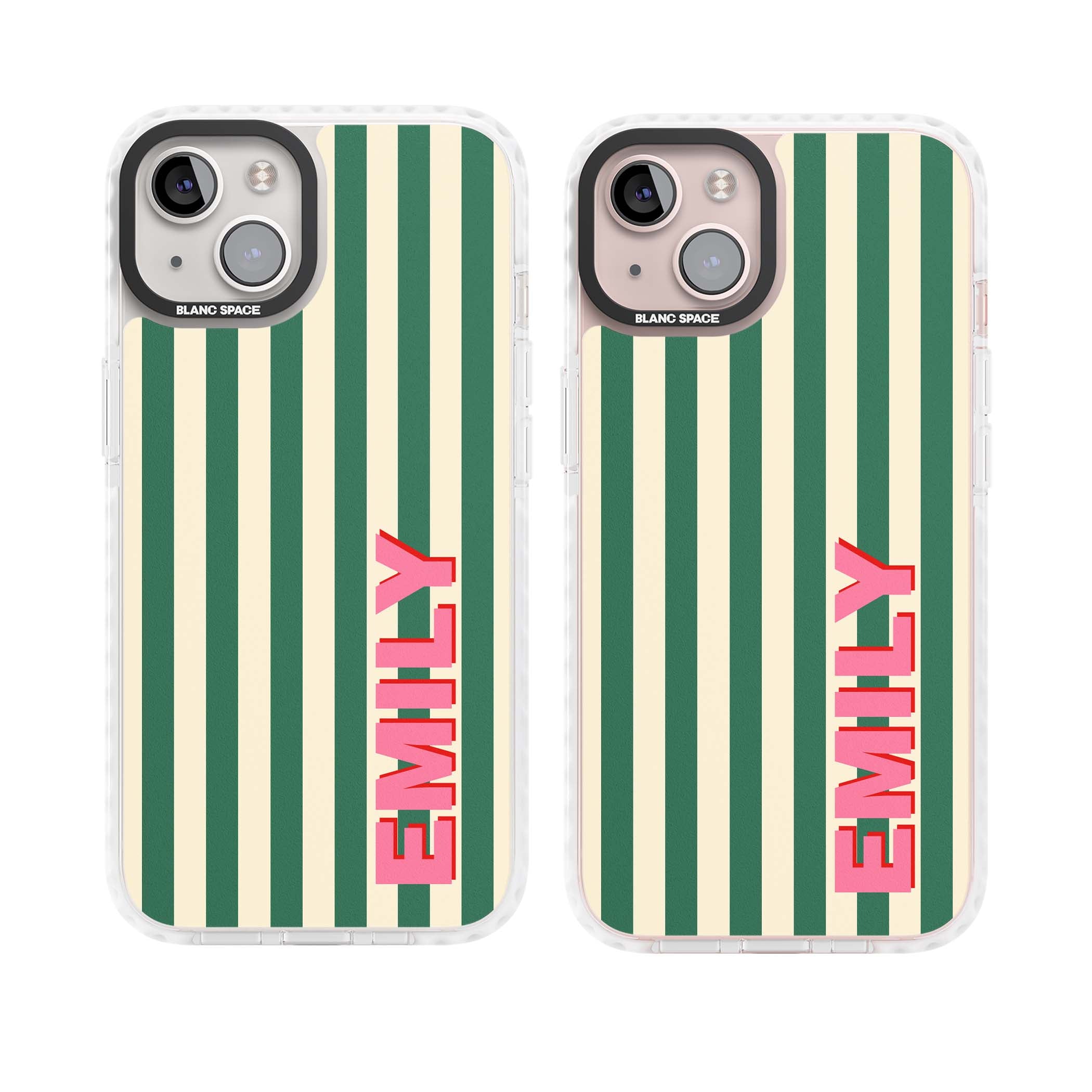 Wimbledon Stripe preppy iPhone case featuring green and cream vertical stripes with a personalised pink name | Clear Impact case for iPhone 13, iPhone 14, iPhone 15