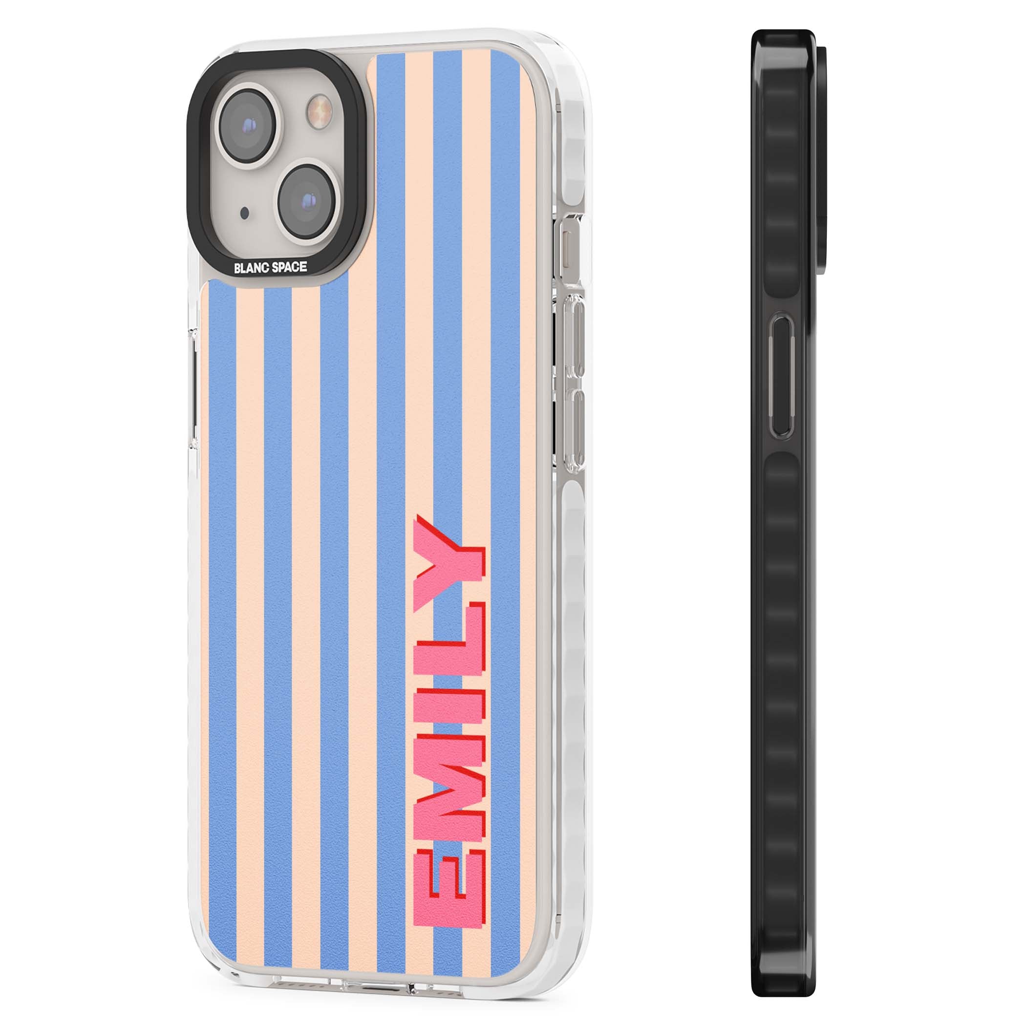 Coastal Stripe personalised coastal iPhone case with blue and peach vertical stripes and custom pink name | Clear Impact case for iPhone 13, iPhone 14, iPhone 15