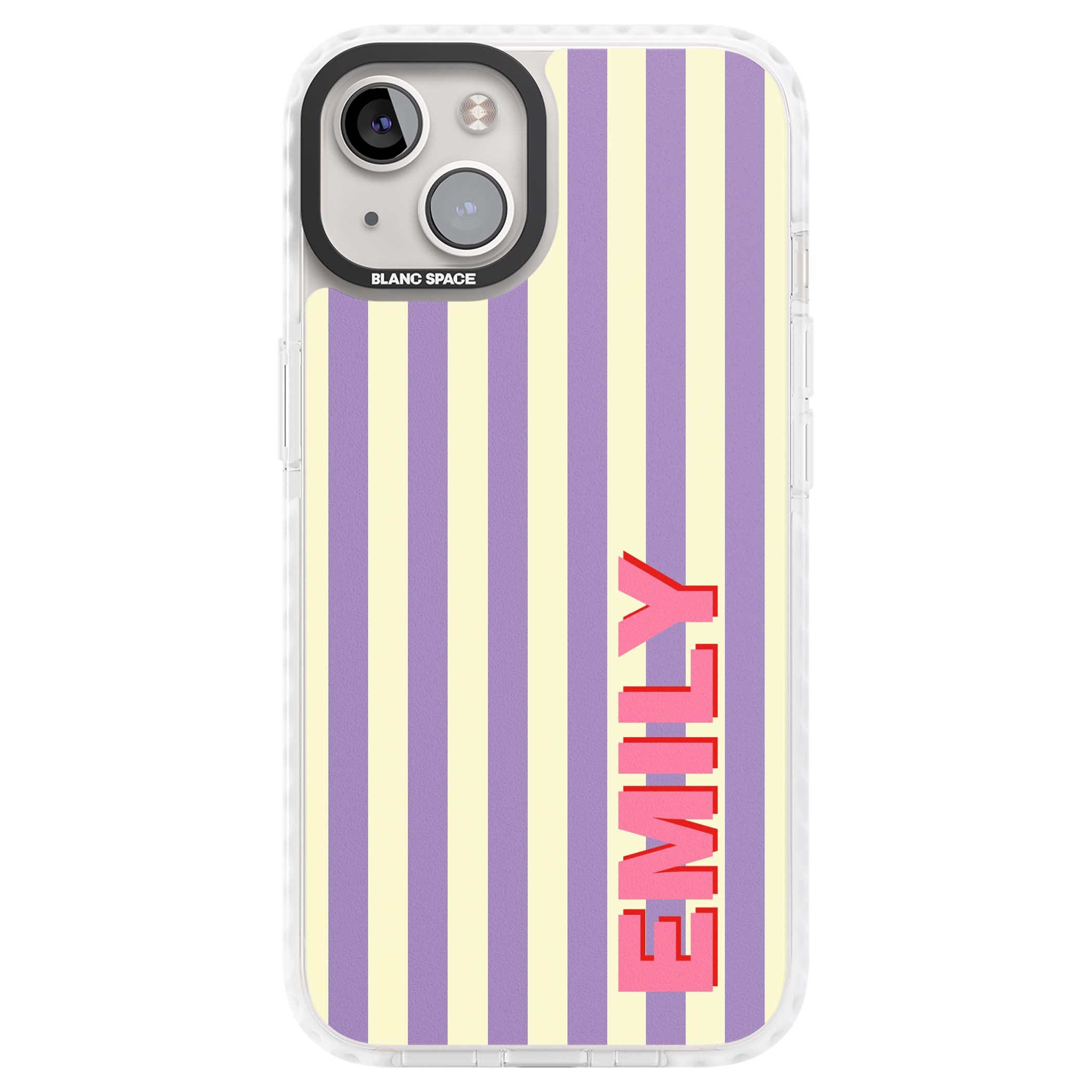 Valensole Stripe personalised iPhone case with purple and cream vertical stripes and pink custom name | Clear Impact case for iPhone 13, iPhone 14, iPhone 15
