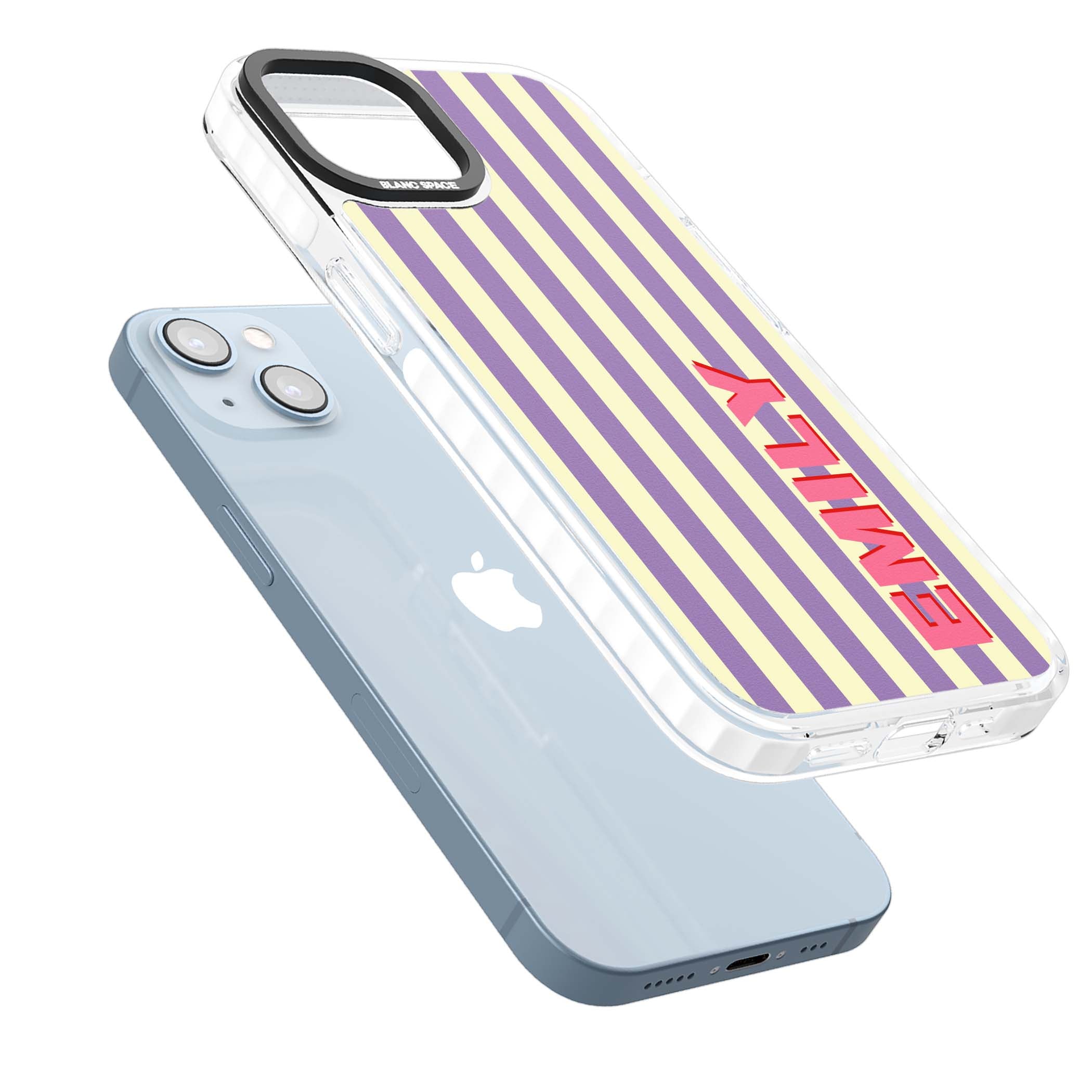 Valensole Stripe personalised iPhone case with purple and cream vertical stripes and pink custom name | Clear Impact case for iPhone 13, iPhone 14, iPhone 15