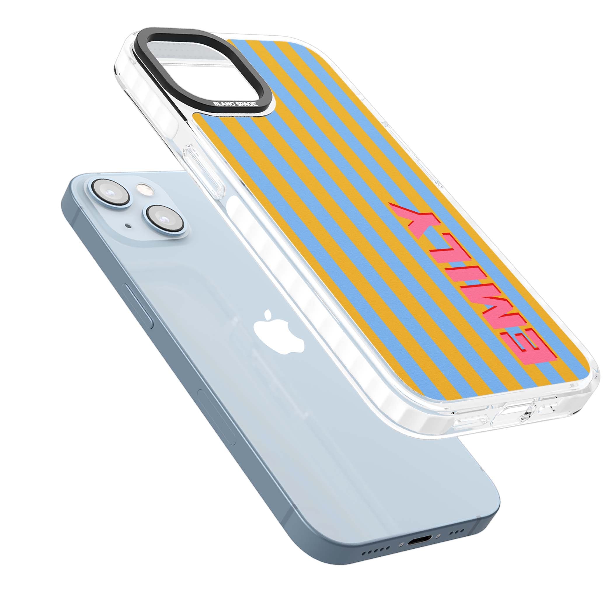 Carribean Stripe personalised coastal iPhone case with yellow and blue vertical stripes and a custom pink name | Clear Impact case for iPhone 13, iPhone 14, iPhone 15
