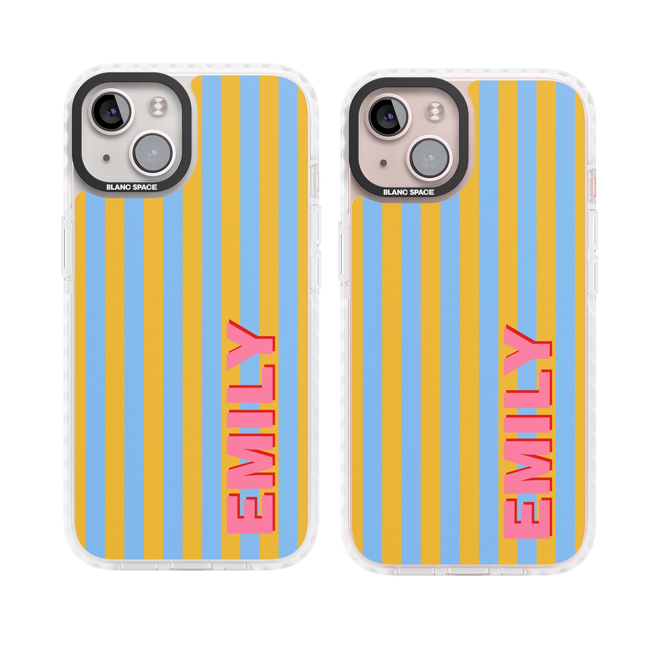 Carribean Stripe personalised coastal iPhone case with yellow and blue vertical stripes and a custom pink name | Clear Impact case for iPhone 13, iPhone 14, iPhone 15