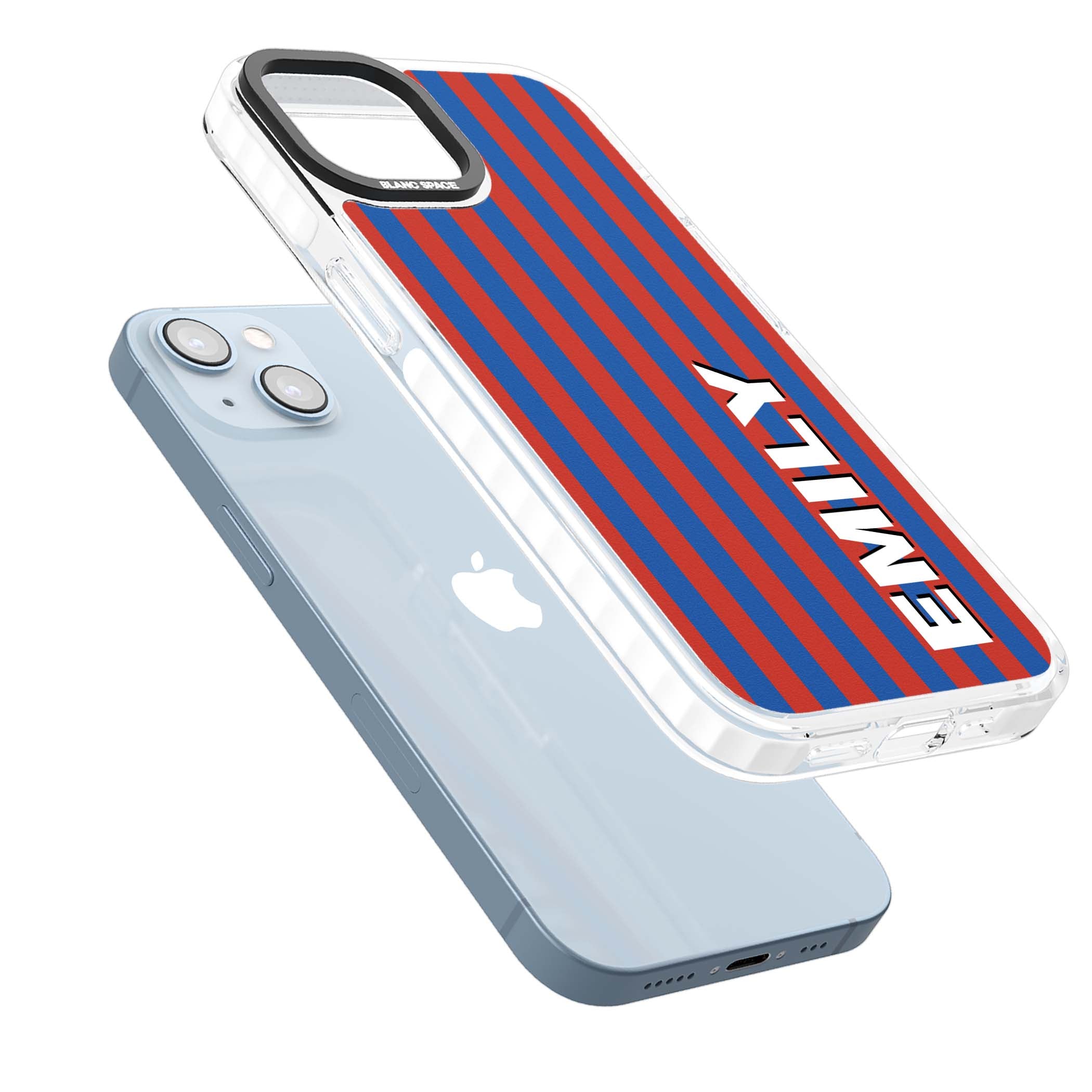 Cuban Stripe personalised iPhone case featuring red and blue vertical stripes with custom name in bold white letters | Clear Impact case for iPhone 13, iPhone 14, iPhone 15
