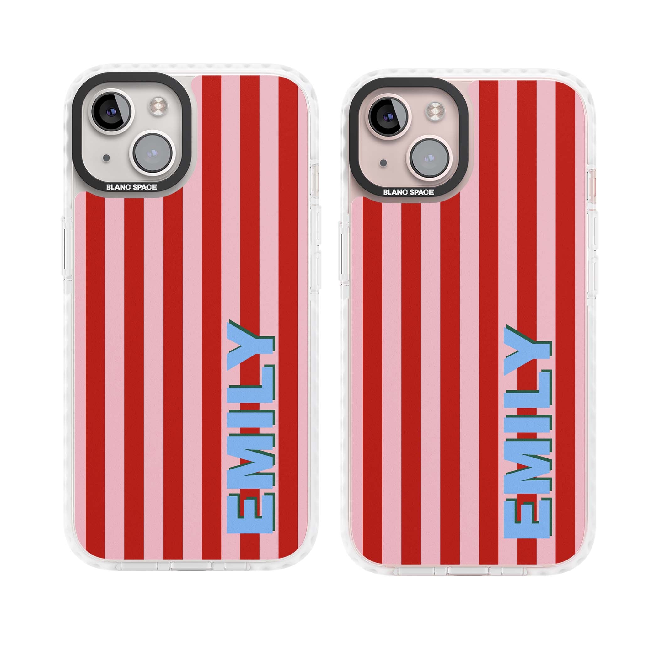 Market Stripe personalised iPhone case with red and pink vertical stripes and custom blue name | Clear Impact case for iPhone 13, iPhone 14, iPhone 15