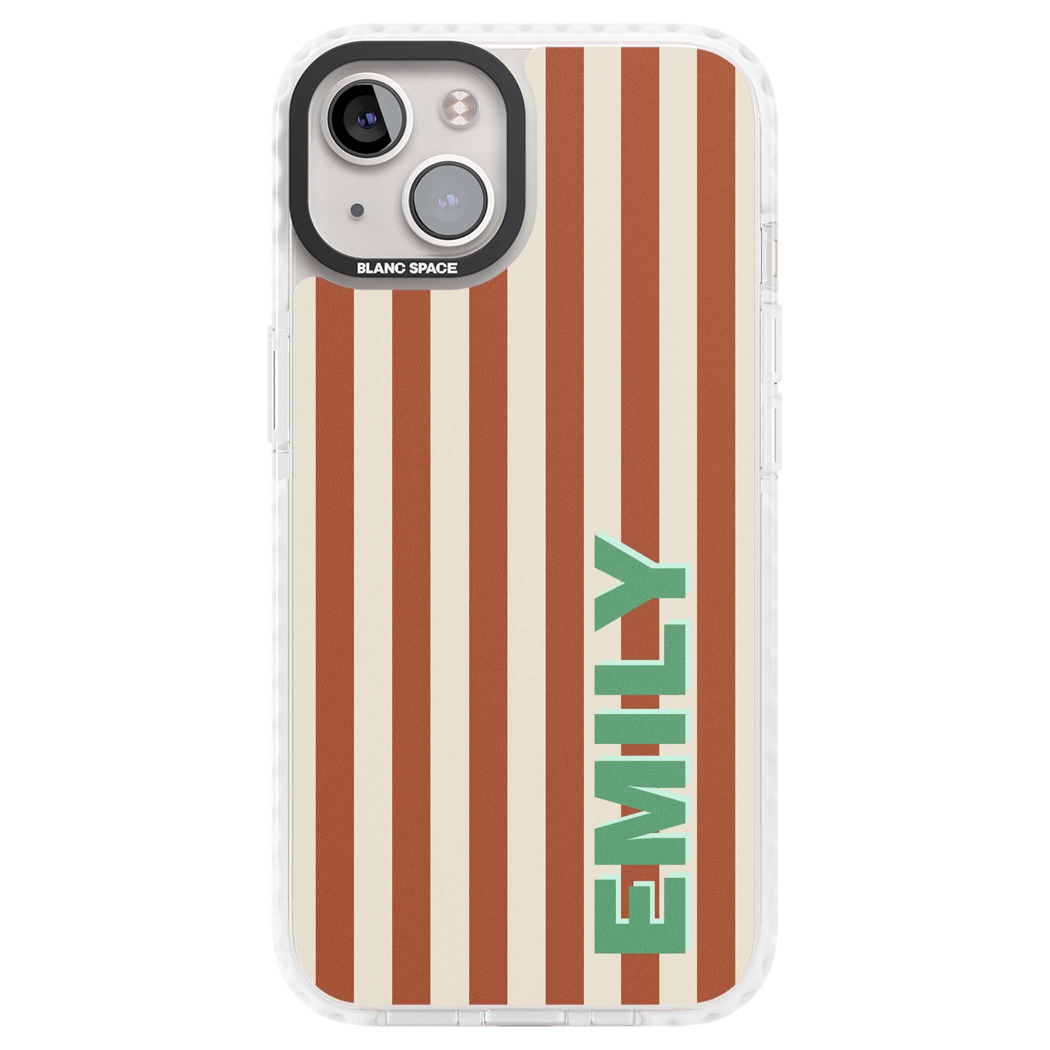 Dune Stripe personalised iPhone case with rust and cream vertical stripes and custom name in mint green | Clear Impact case for iPhone 13, iPhone 14, iPhone 15