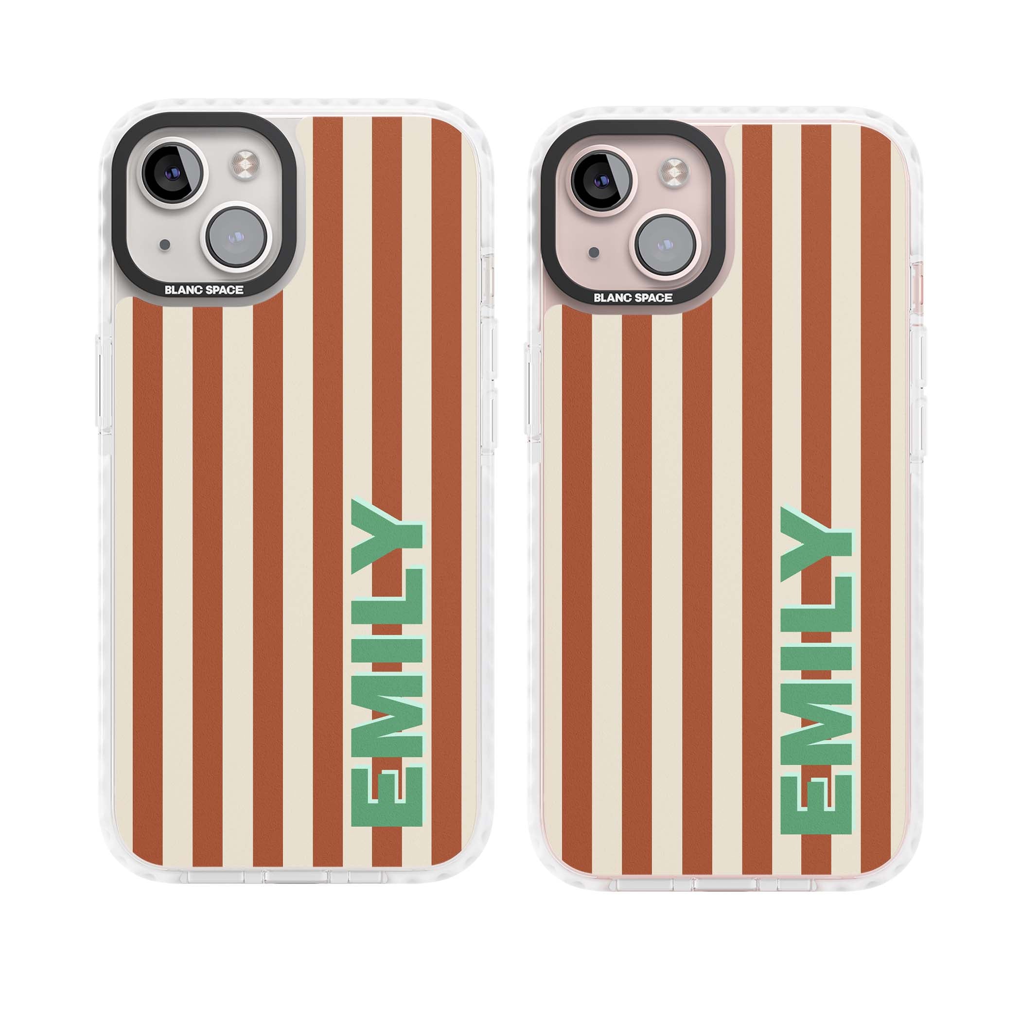 Dune Stripe personalised iPhone case with rust and cream vertical stripes and custom name in mint green | Clear Impact case for iPhone 13, iPhone 14, iPhone 15